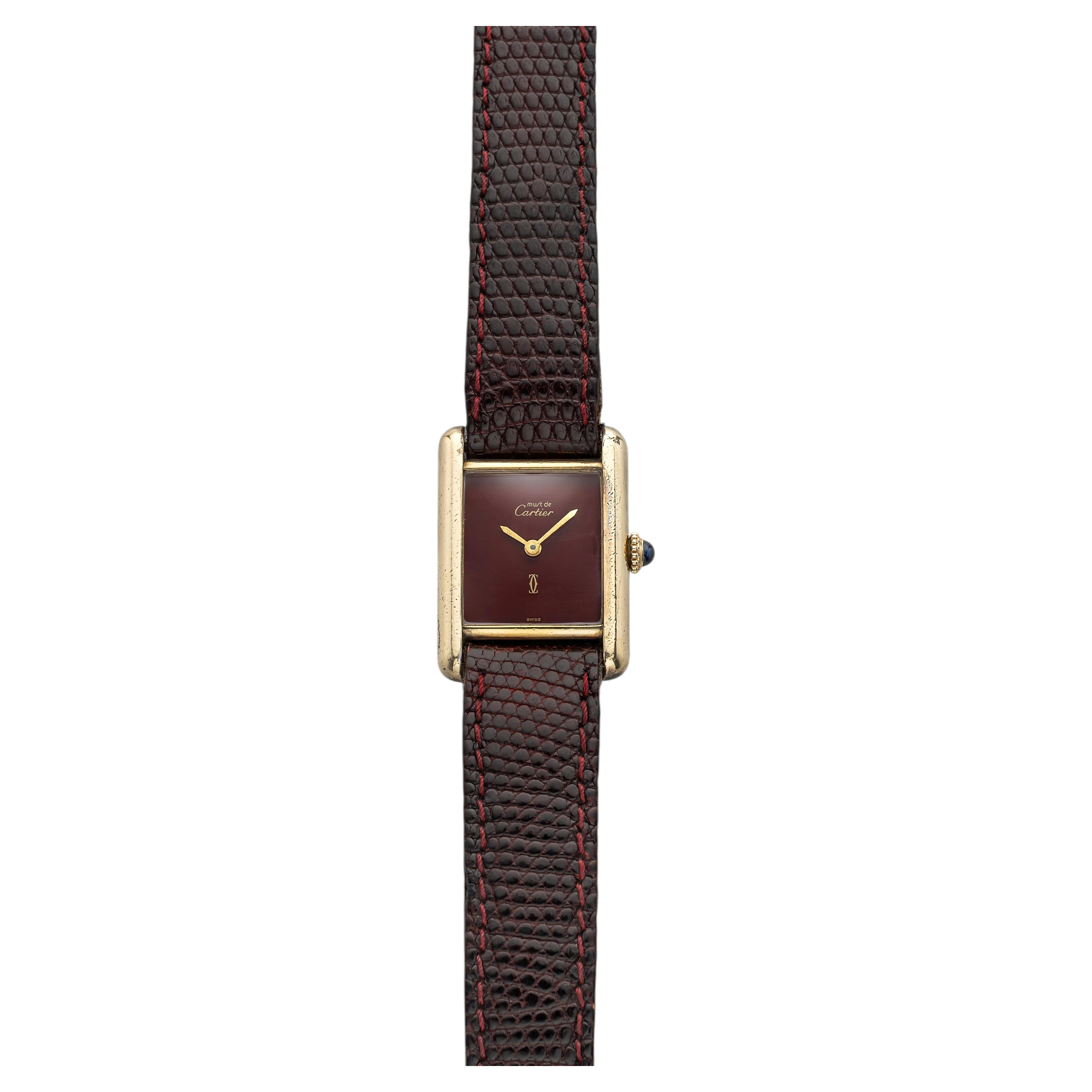 Vintage 1980s Cartier Tank Must Vermeil Burgundy Spider Dial Manual 21mm For Sale