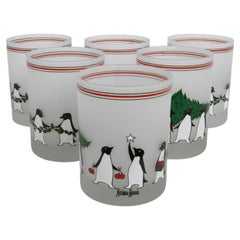 Set di bicchieri da cocktail "Penguin" in vetro CERA degli anni '80, realizzati per Neiman Marcus in occasione delle festività natalizie