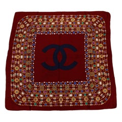 Vintage 1980's Chanel Burgundy Gripoix Silk Logo Scarf
