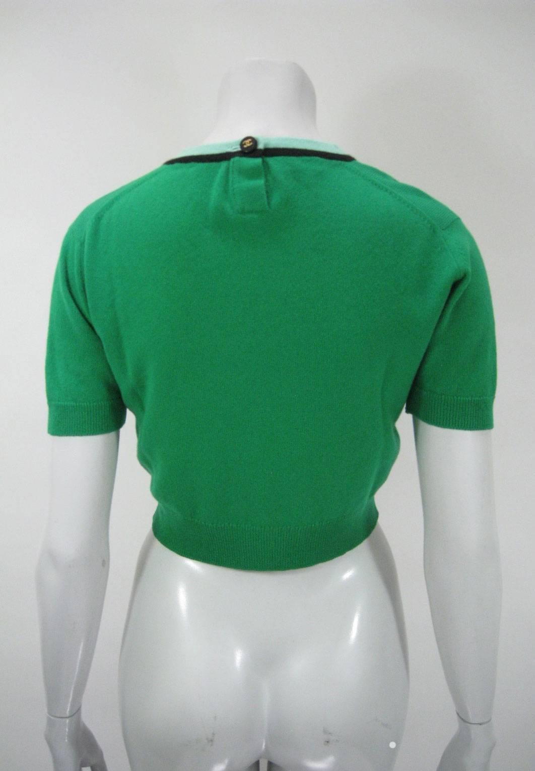 Vintage 1980s Chanel Cropped Green Short Sleeve Sweater 1