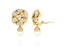 Vintage 1980s Chanel Diamond Camellia Flower Earrings with Pearl Drops