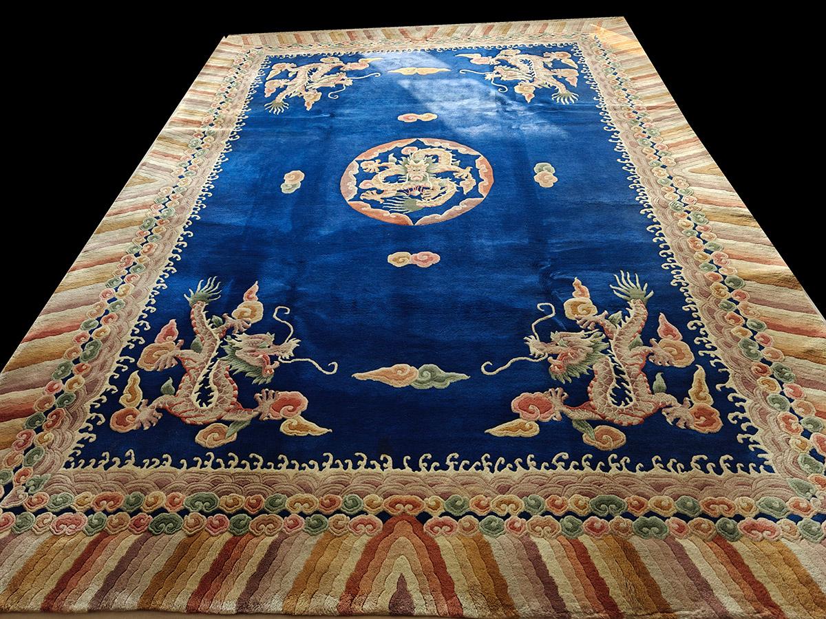 Vintage 1980s Chinese Art Deco Dragon Carpet ( 9' x 12'2