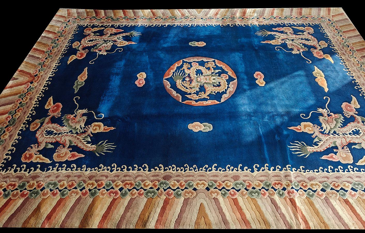 Vintage 1980s Chinese Art Deco Dragon Carpet ( 9' x 12'2