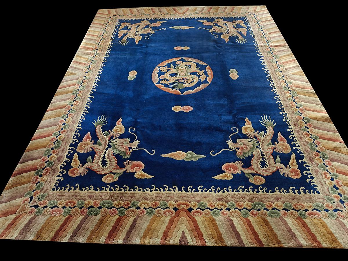 Vintage 1980s Chinese Art Deco Dragon Carpet ( 9' x 12'2