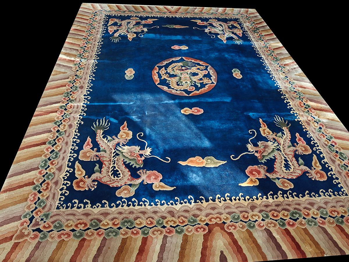 Vintage 1980s Chinese Art Deco Dragon Carpet ( 9' x 12'2