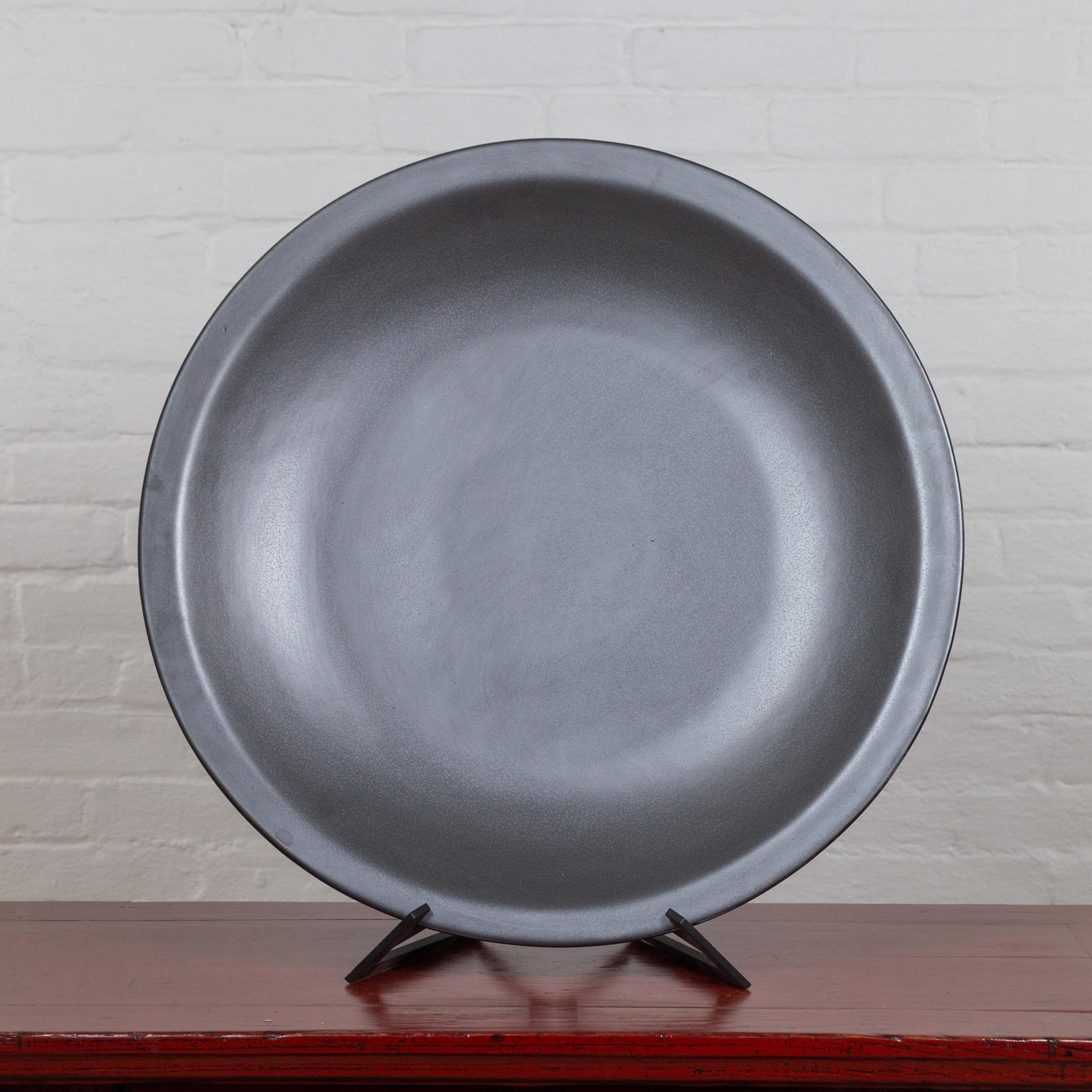 Vintage 1980s Chinese Cobalt Grey Ceramic Charger Plate, Three Available In Good Condition For Sale In Yonkers, NY