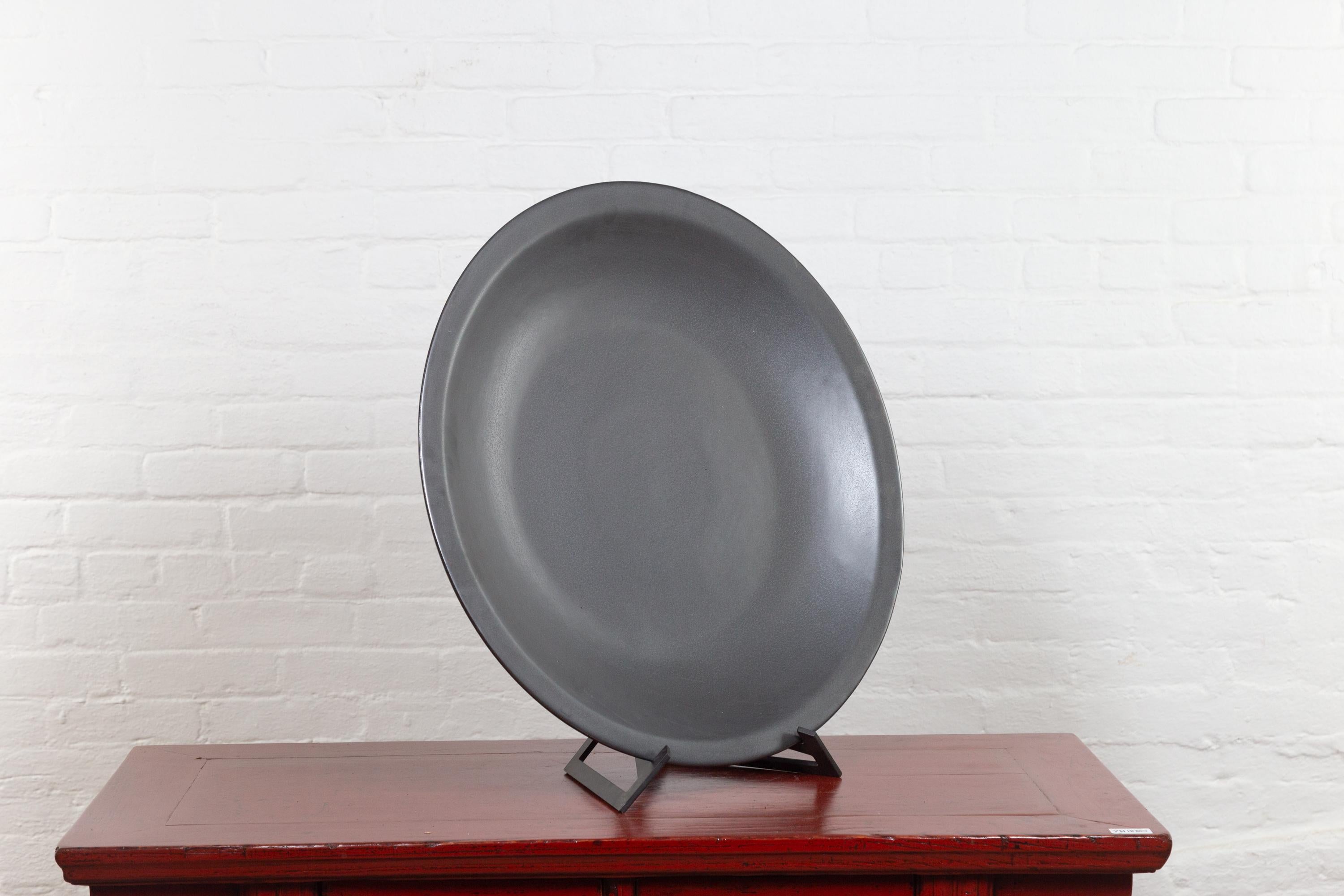 20th Century Vintage 1980s Chinese Cobalt Grey Ceramic Charger Plate, Three Available For Sale
