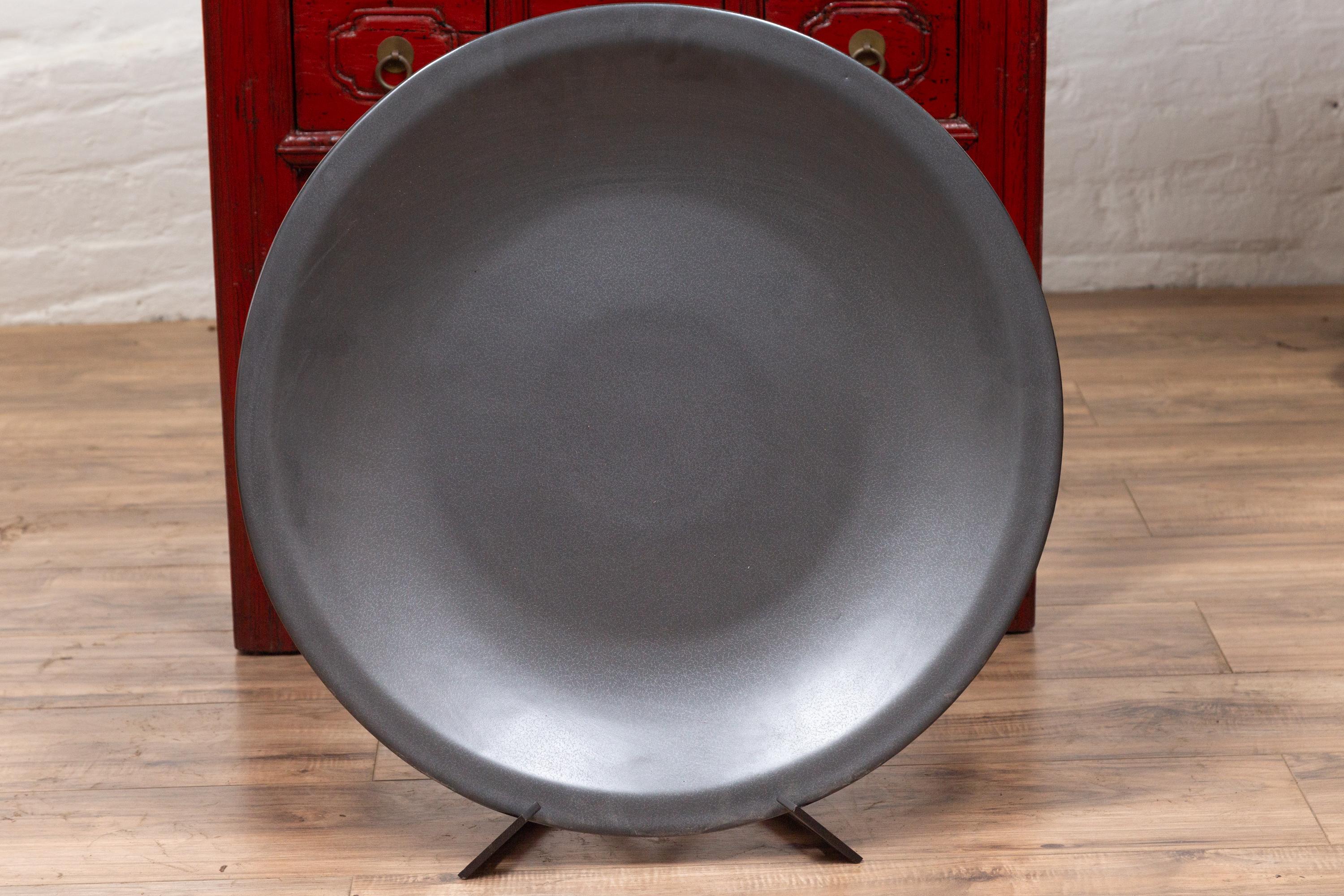 Vintage 1980s Chinese Cobalt Grey Ceramic Charger Plate, Three Available For Sale 3