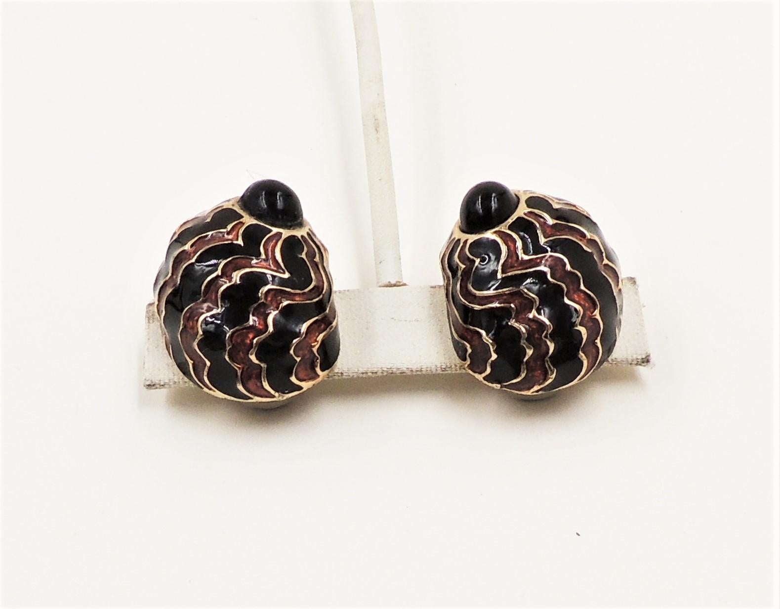 Vintage 1980s Ciner Cabochon Faux-Onyx Brown & Black Striped Clip Earrings For Sale 1