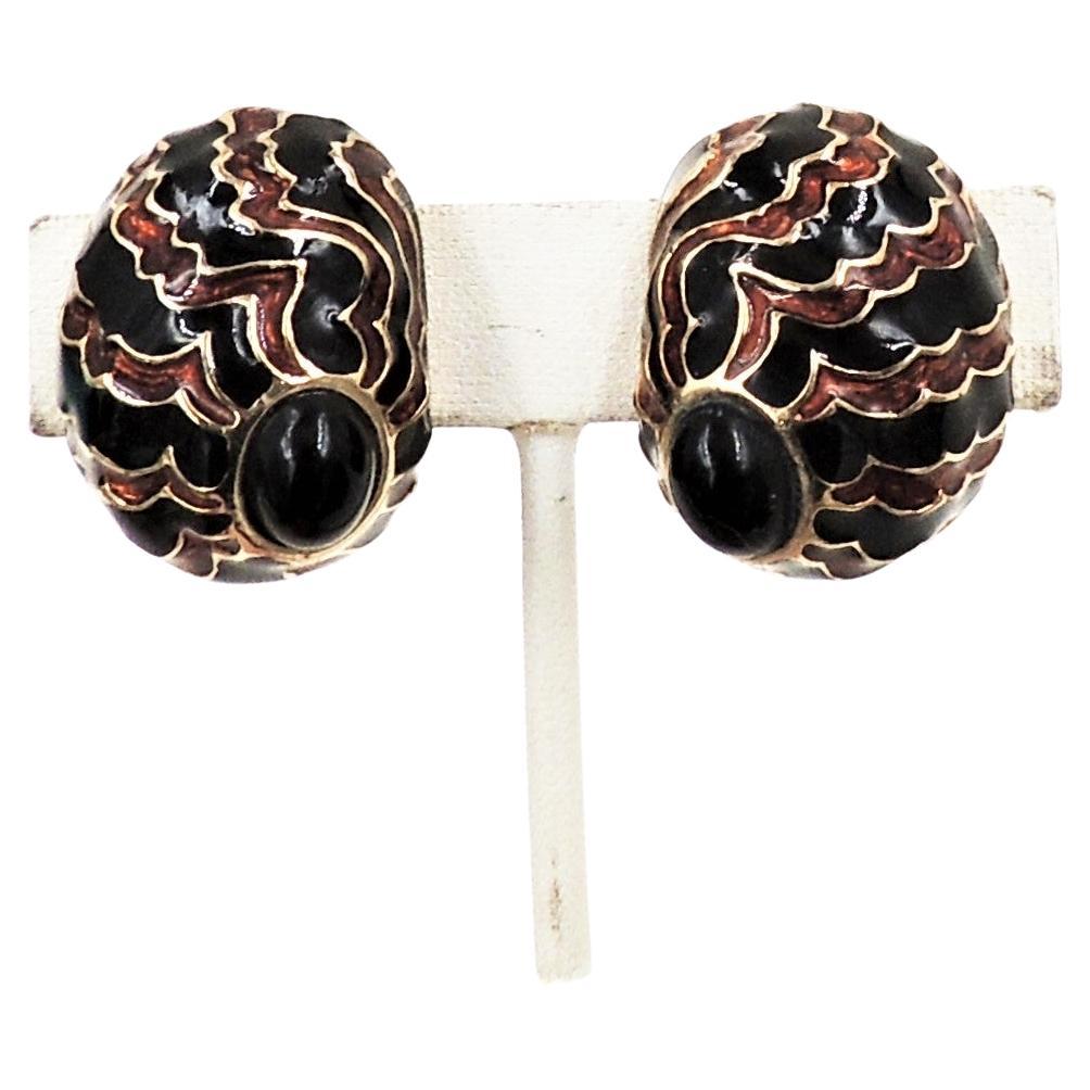 Vintage 1980s Ciner Cabochon Faux-Onyx Brown & Black Striped Clip Earrings For Sale