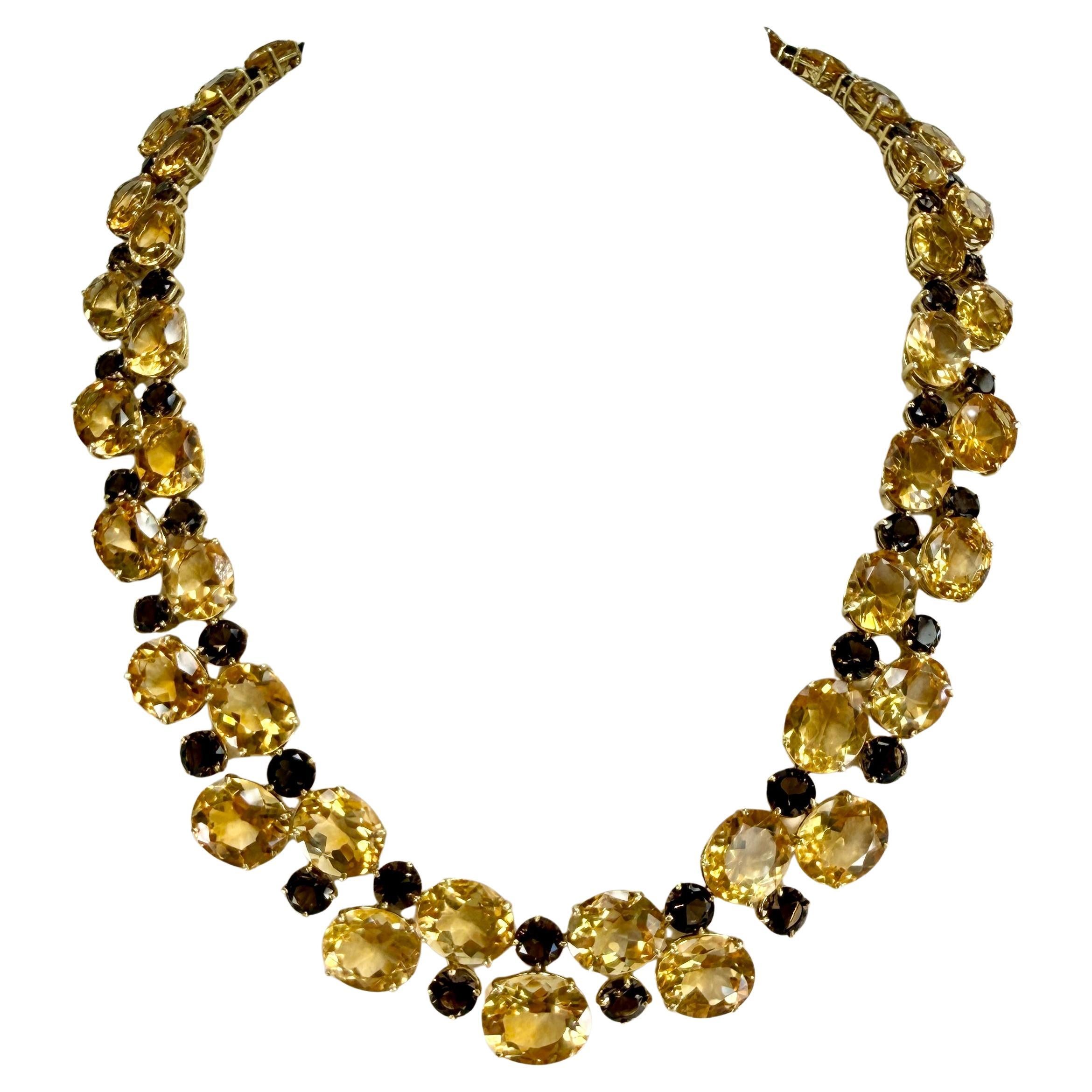 Vintage 1980's Citrine and Smoky Quartz Statement Necklace 18k Yellow Gold
