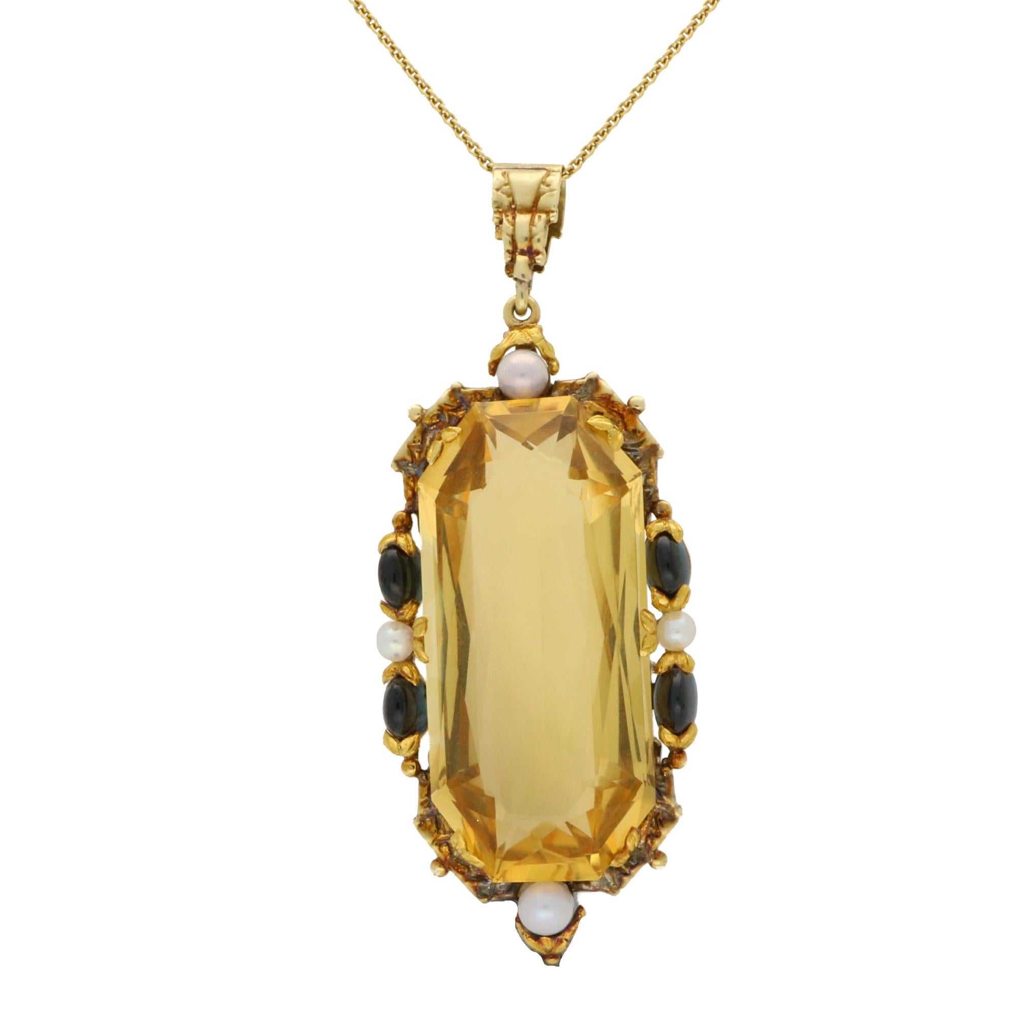 Mixed Cut Vintage 1980's Citrine, Sapphire and Pearl Pendant Set in 14k Yellow Gold For Sale