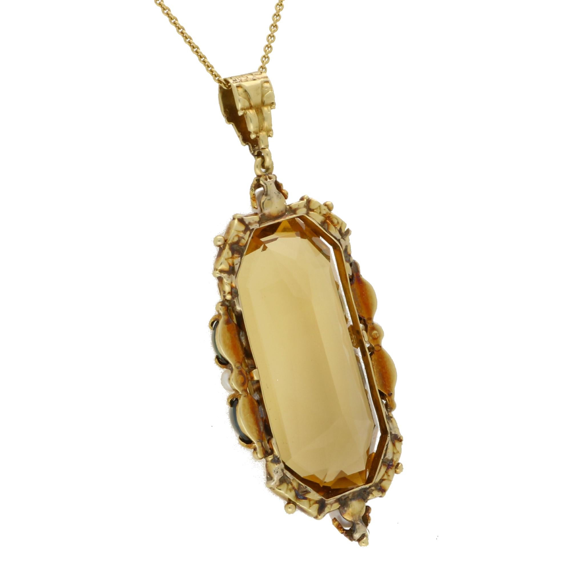 Women's or Men's Vintage 1980's Citrine, Sapphire and Pearl Pendant Set in 14k Yellow Gold For Sale
