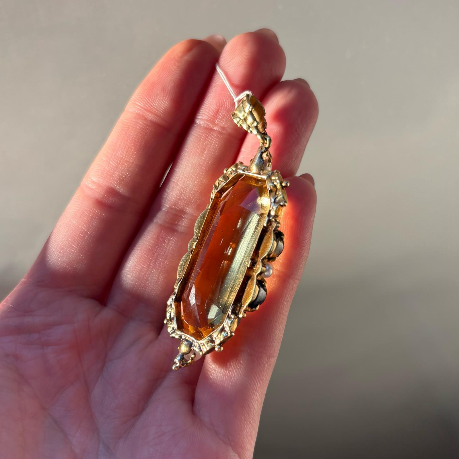 Vintage 1980's Citrine, Sapphire and Pearl Pendant Set in 14k Yellow Gold For Sale 1