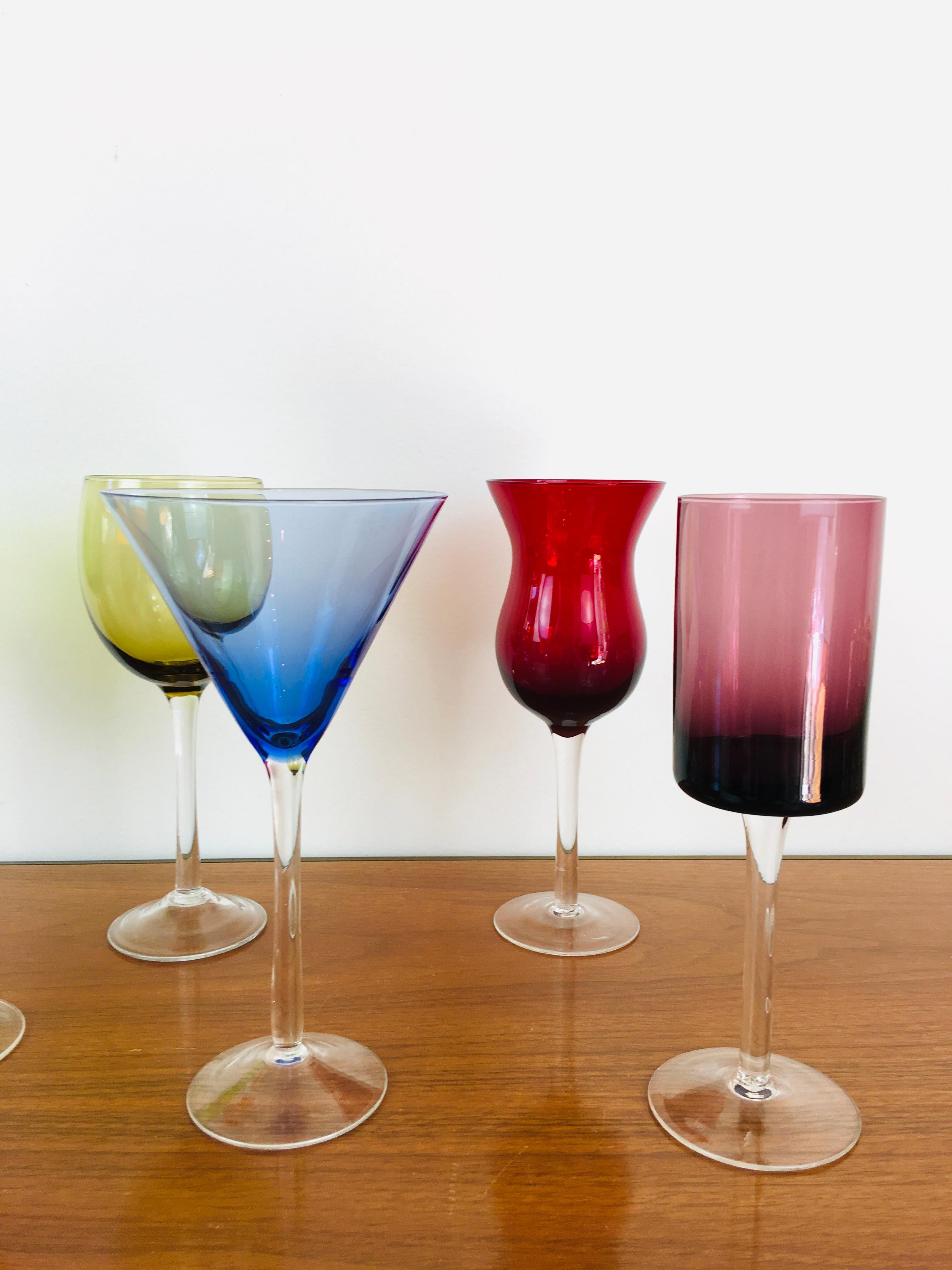Post-Modern Vintage 1980s Colorful Crystal Mix Match Wine & Cocktail Glasses, Set of 6 For Sale