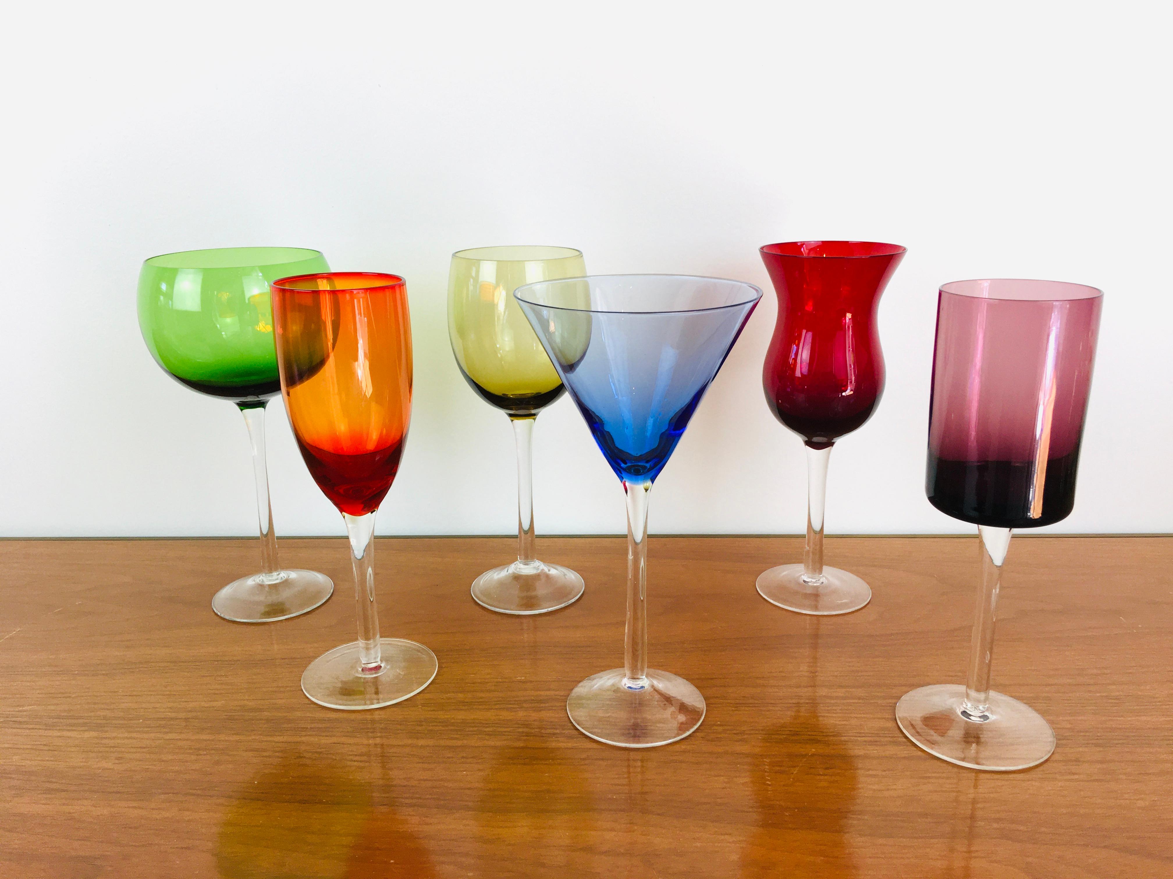 Vintage 1980s Colorful Crystal Mix Match Wine & Cocktail Glasses, Set of 6 In Good Condition For Sale In Las Vegas, NV
