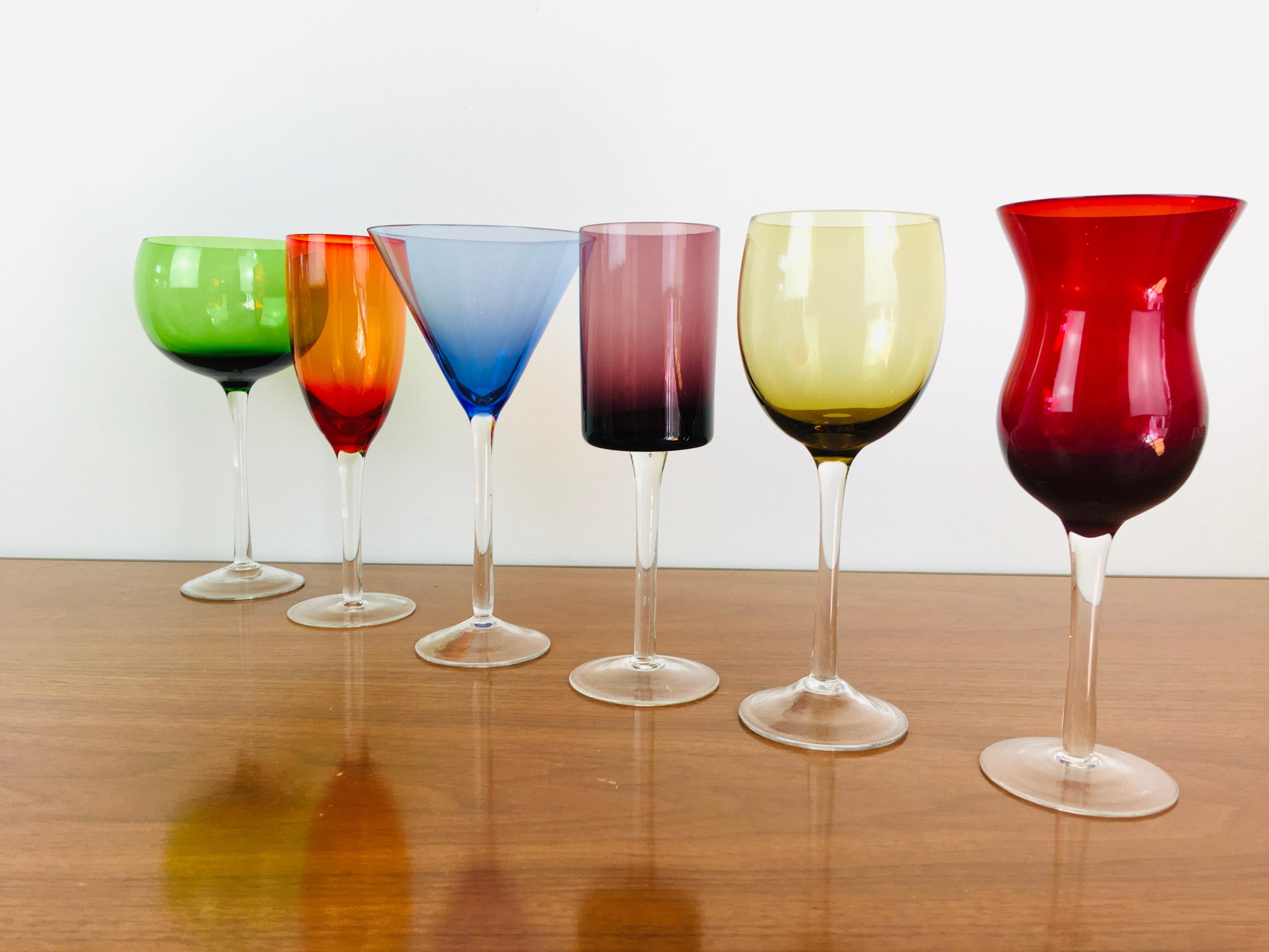 Late 20th Century Vintage 1980s Colorful Crystal Mix Match Wine & Cocktail Glasses, Set of 6 For Sale