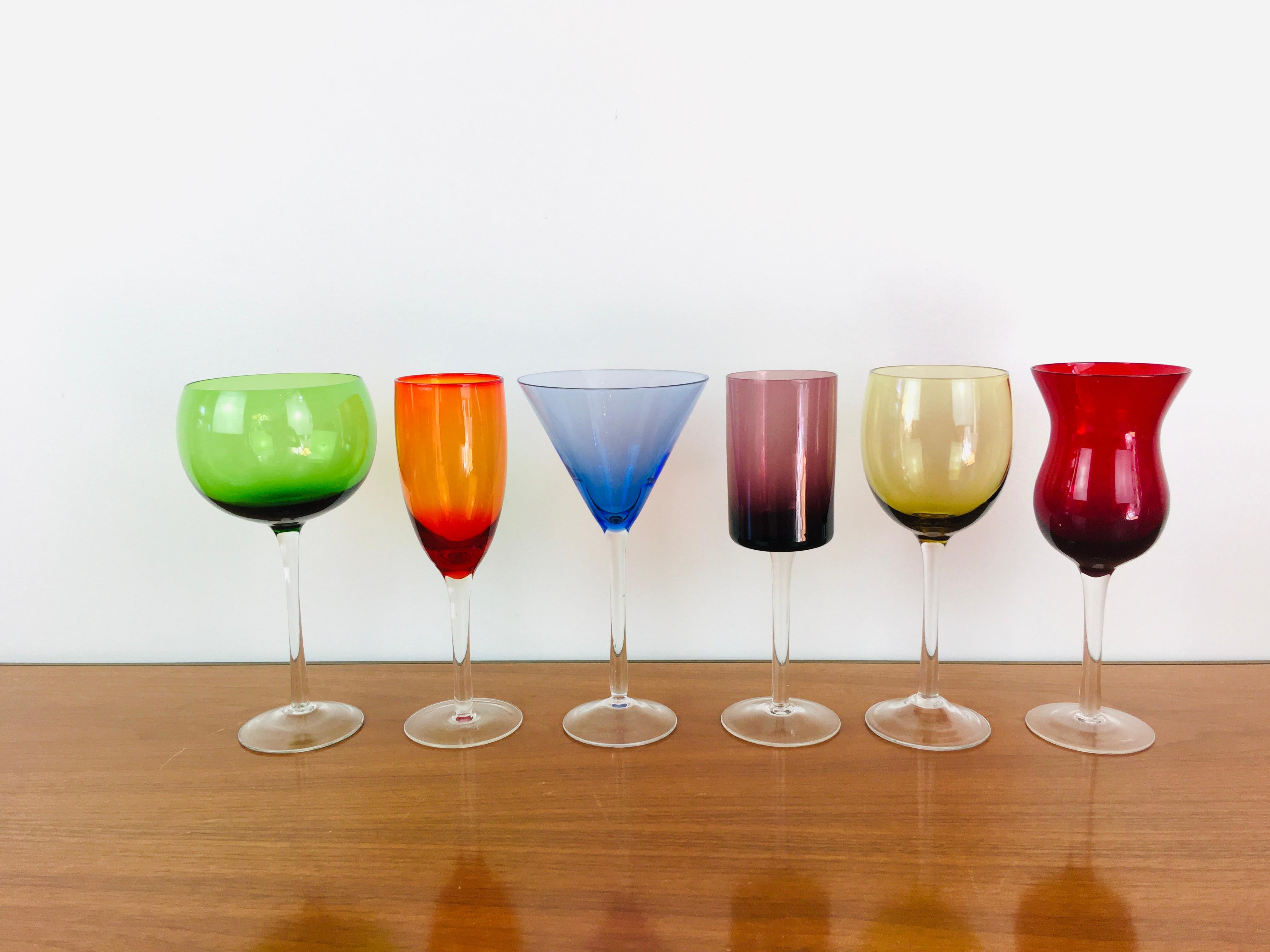 Vintage 1980s Colorful Crystal Mix Match Wine & Cocktail Glasses, Set of 6 For Sale 1
