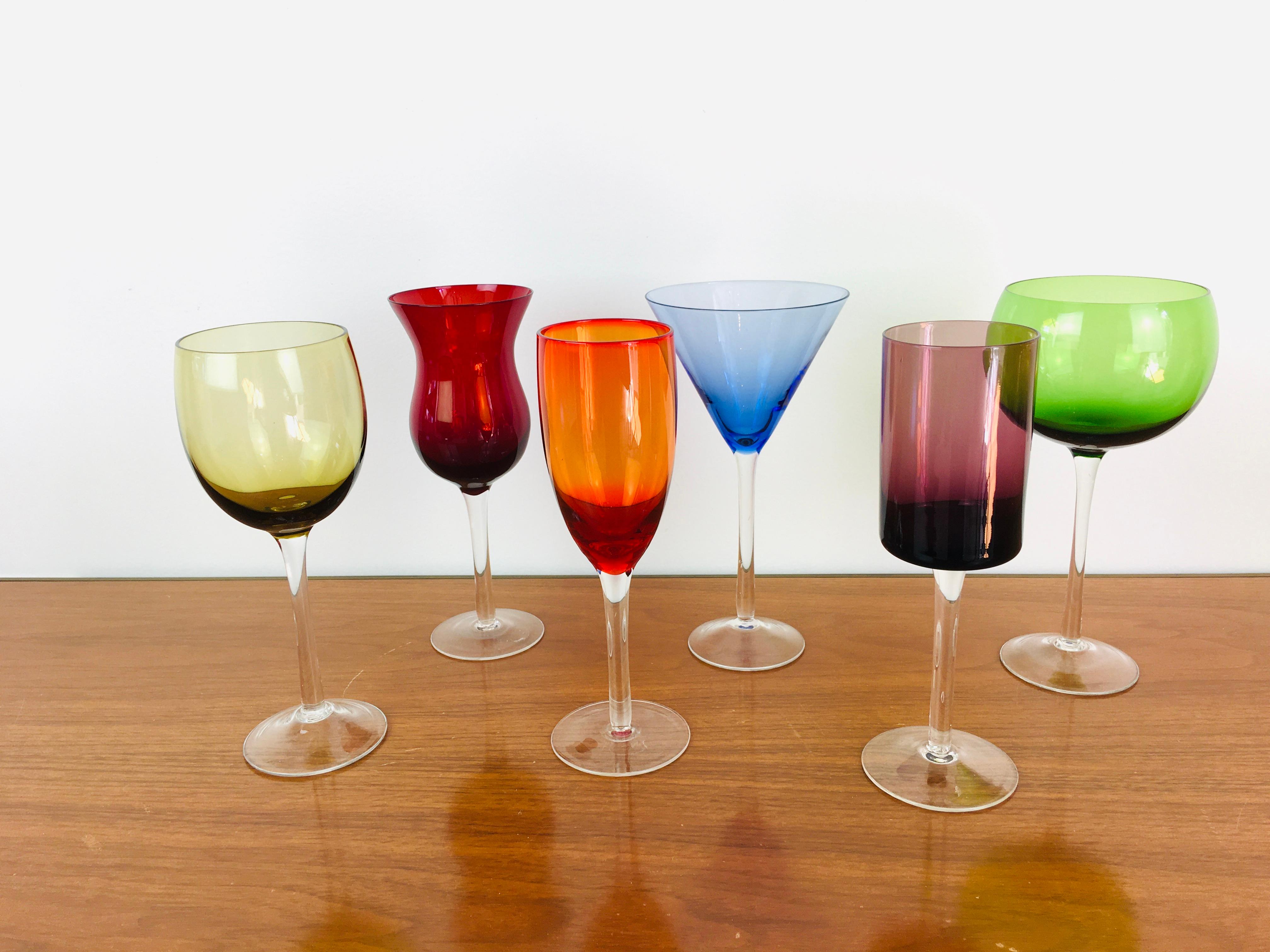 Vintage 1980s Colorful Crystal Mix Match Wine & Cocktail Glasses, Set of 6 For Sale 2