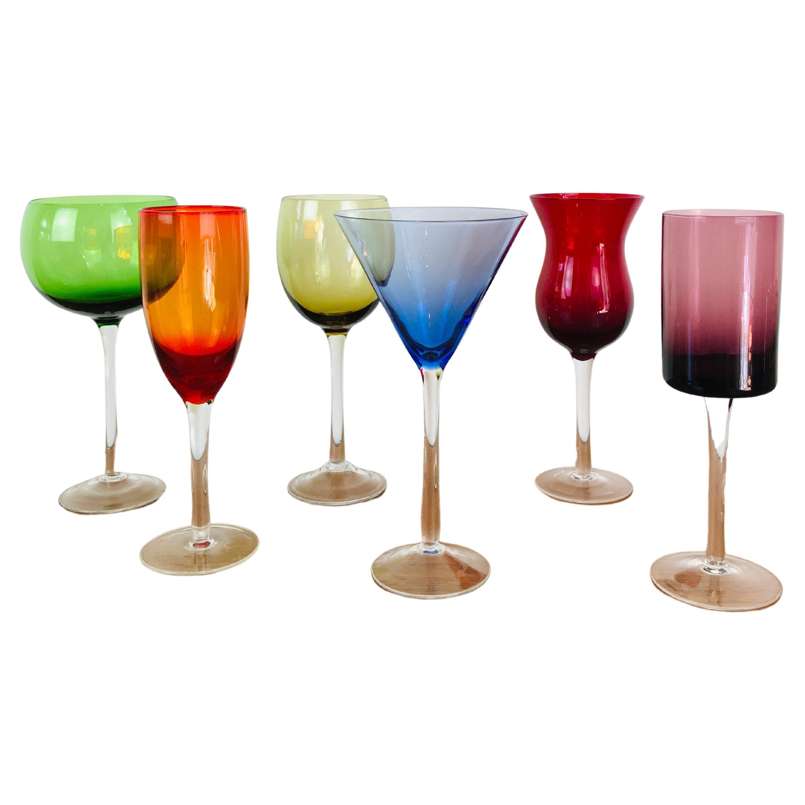 Vintage 1980s Colorful Crystal Mix Match Wine & Cocktail Glasses, Set of 6 For Sale