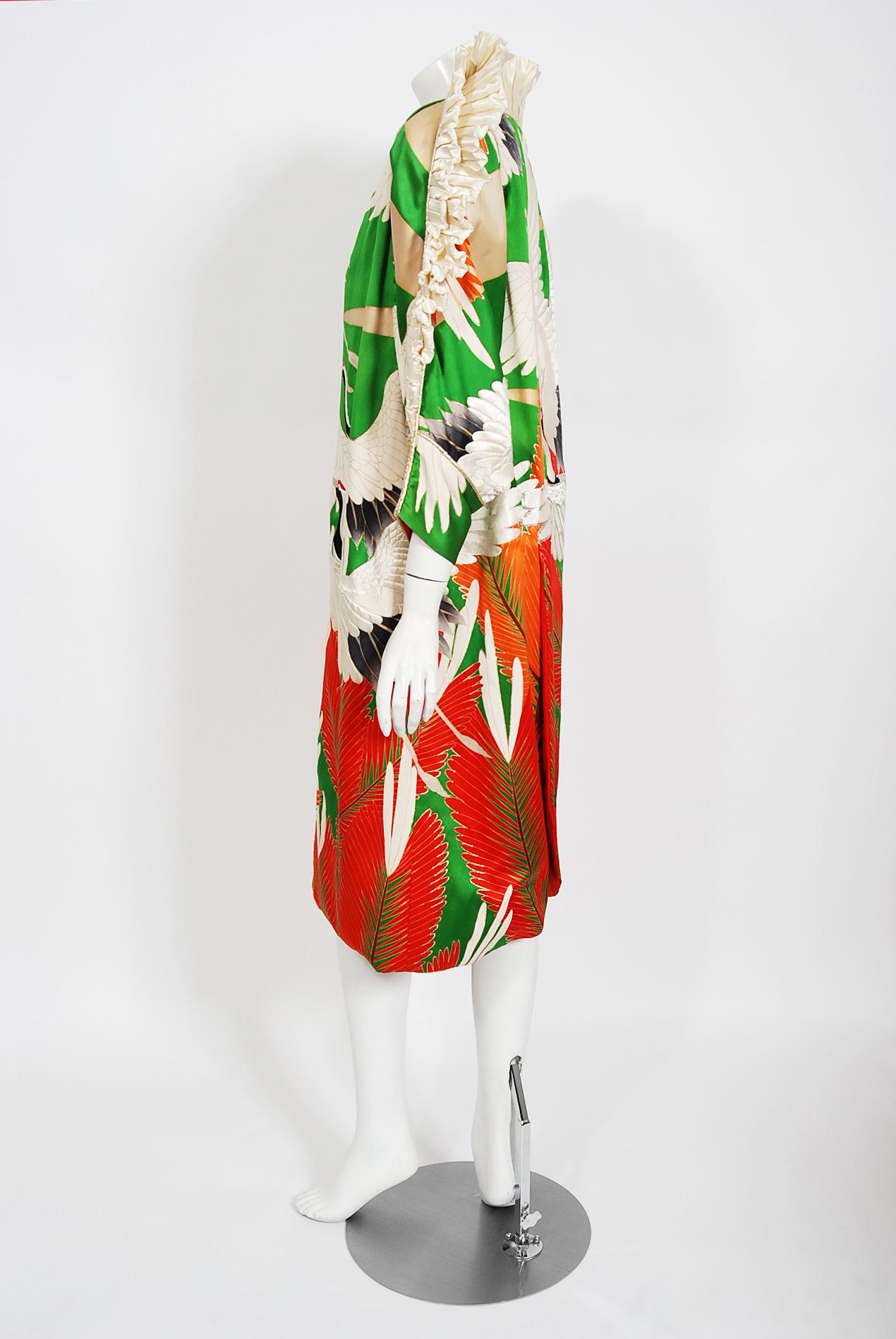 Vintage 1980's Crane Bird Novelty Embroidered Silk Winged Kimono Couture Dress  6