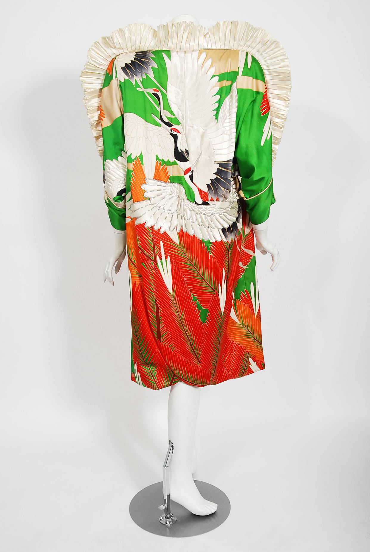 Vintage 1980's Crane Bird Novelty Embroidered Silk Winged Kimono Couture Dress  8