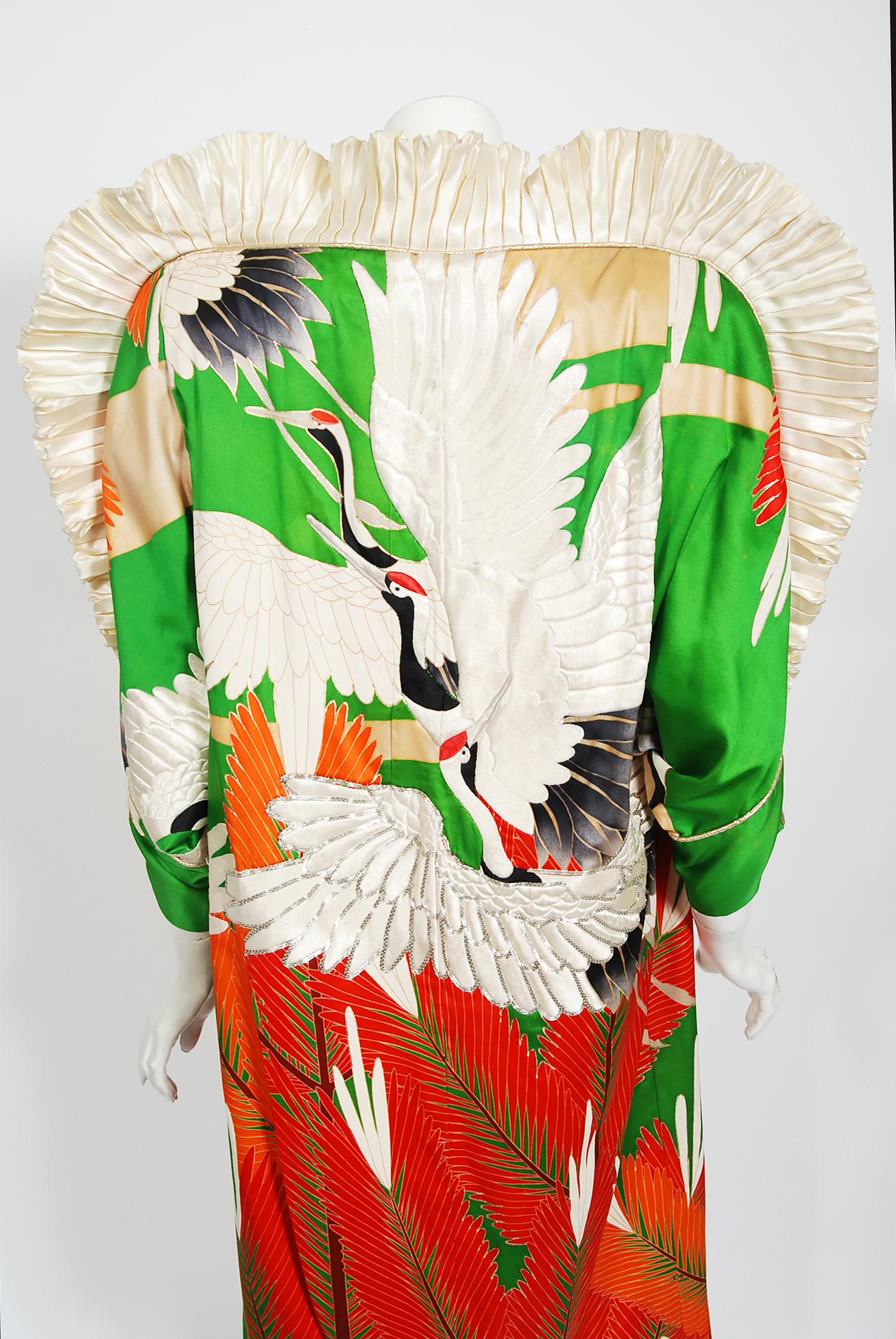 Vintage 1980's Crane Bird Novelty Embroidered Silk Winged Kimono Couture Dress  9