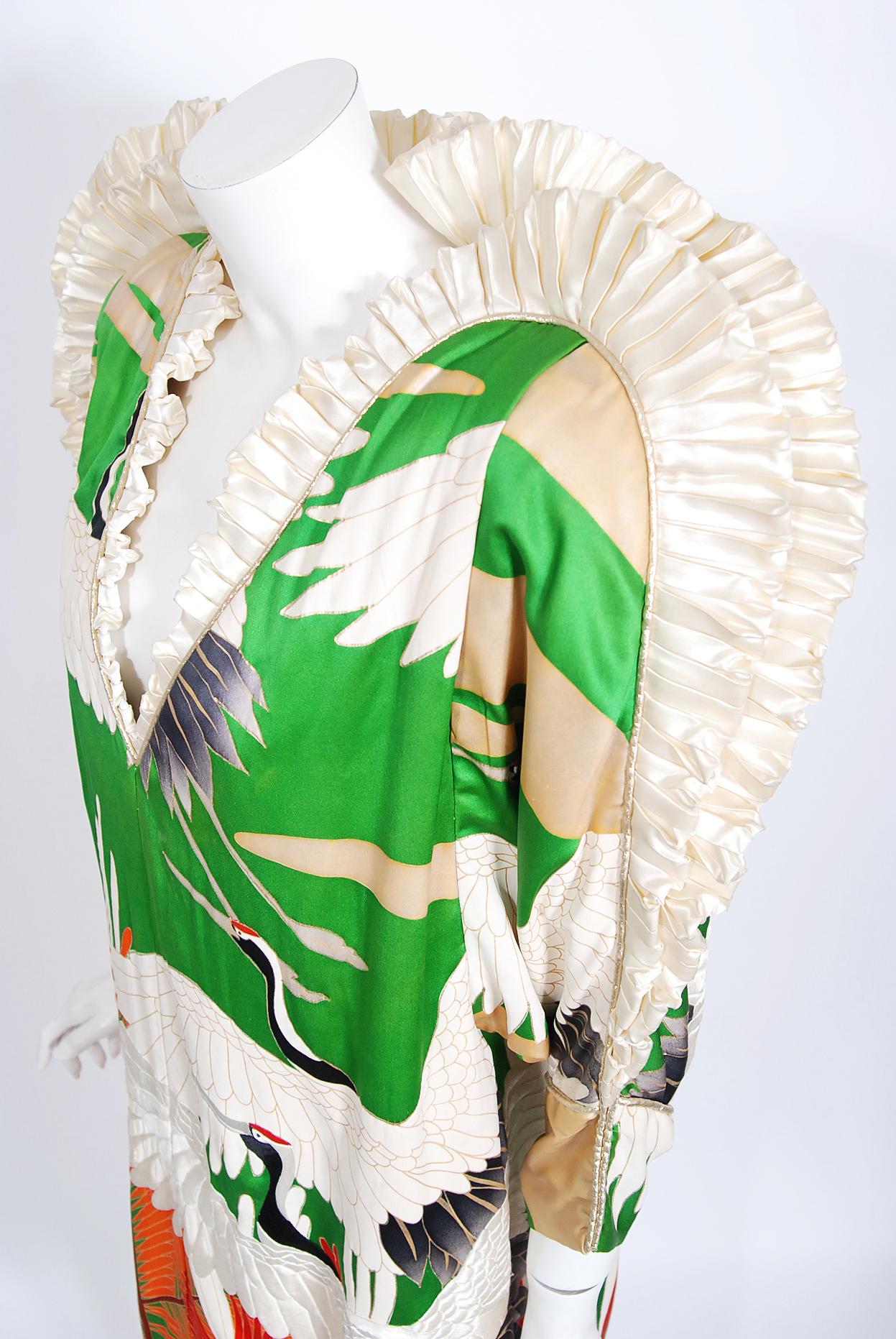 Women's Vintage 1980's Crane Bird Novelty Embroidered Silk Winged Kimono Couture Dress 