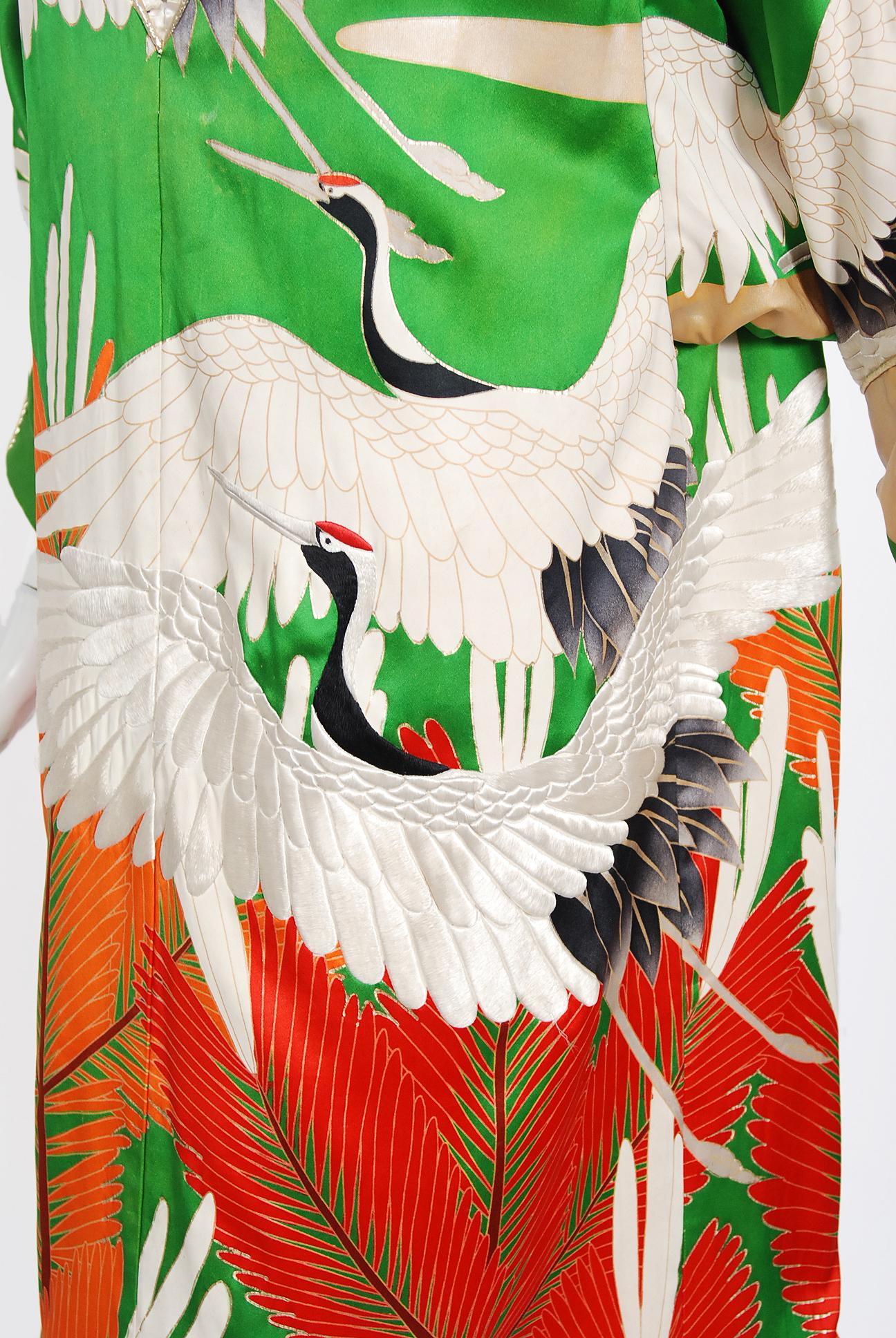 Vintage 1980's Crane Bird Novelty Embroidered Silk Winged Kimono Couture Dress  2
