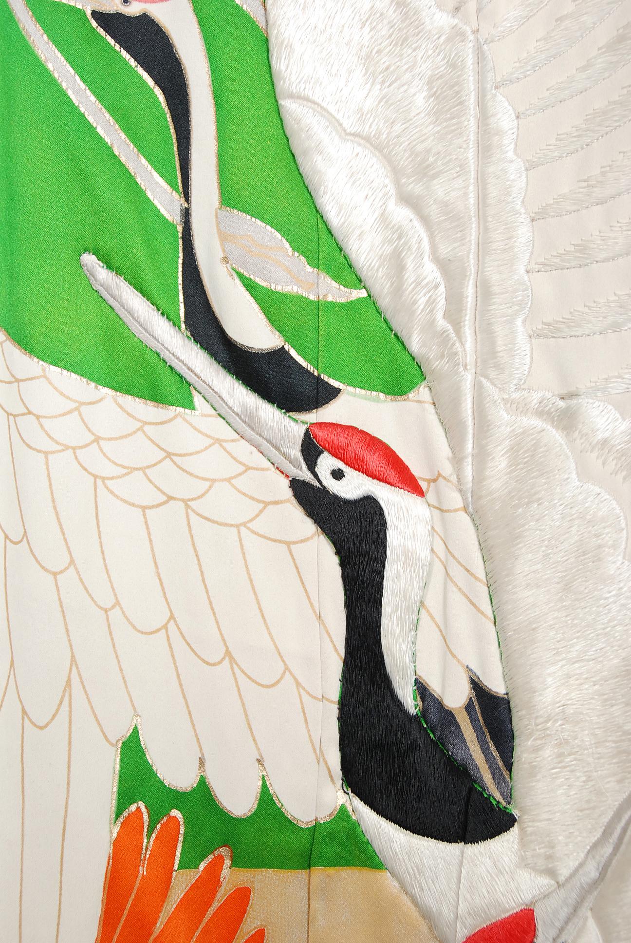 Vintage 1980's Crane Bird Novelty Embroidered Silk Winged Kimono Couture Dress  3