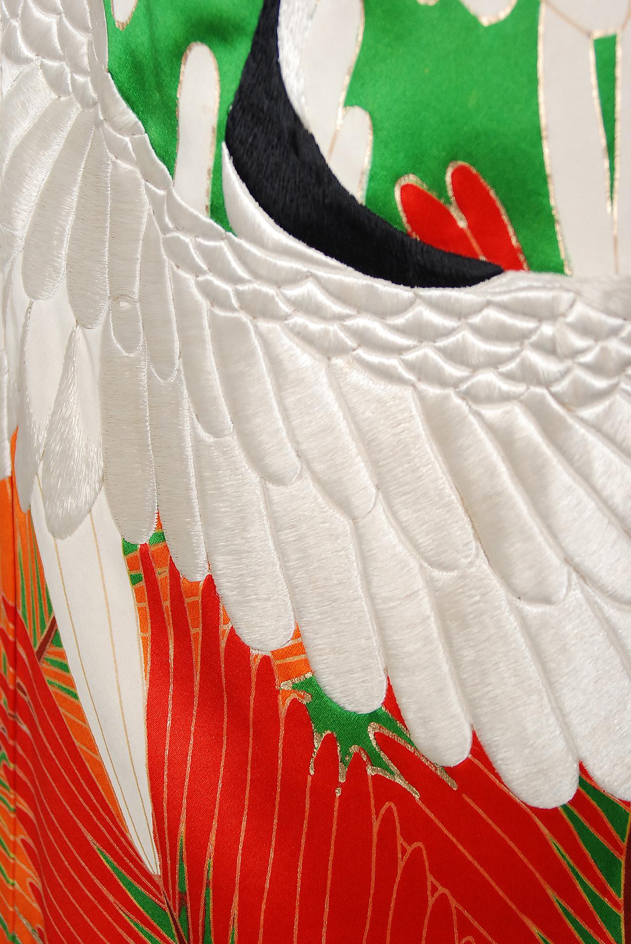 Vintage 1980's Crane Bird Novelty Embroidered Silk Winged Kimono Couture Dress  4