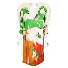 Vintage 1980's Crane Bird Novelty Embroidered Silk Winged Kimono Couture Dress
