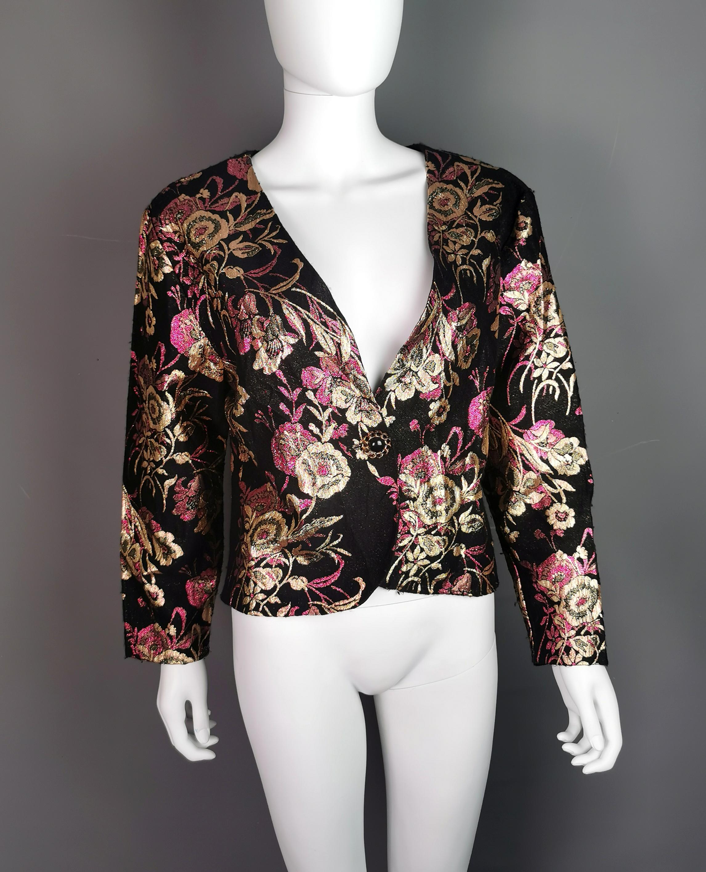 Gray Vintage 1980s cropped Brocade jacket, blazer, gold, black, pink  For Sale