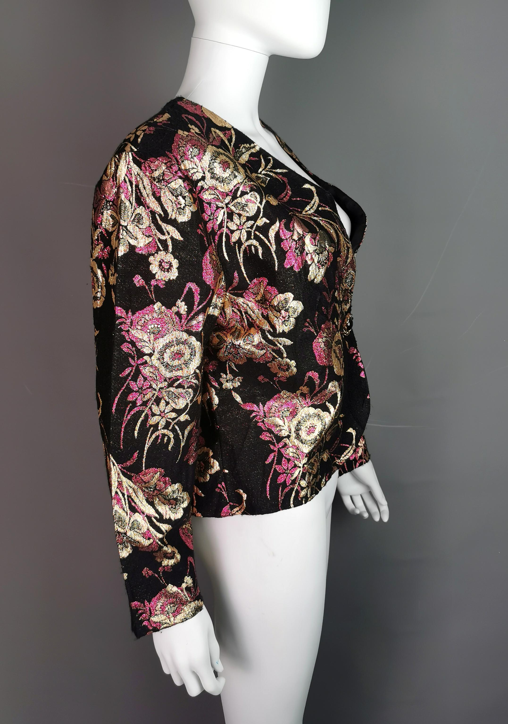 Women's Vintage 1980s cropped Brocade jacket, blazer, gold, black, pink  For Sale
