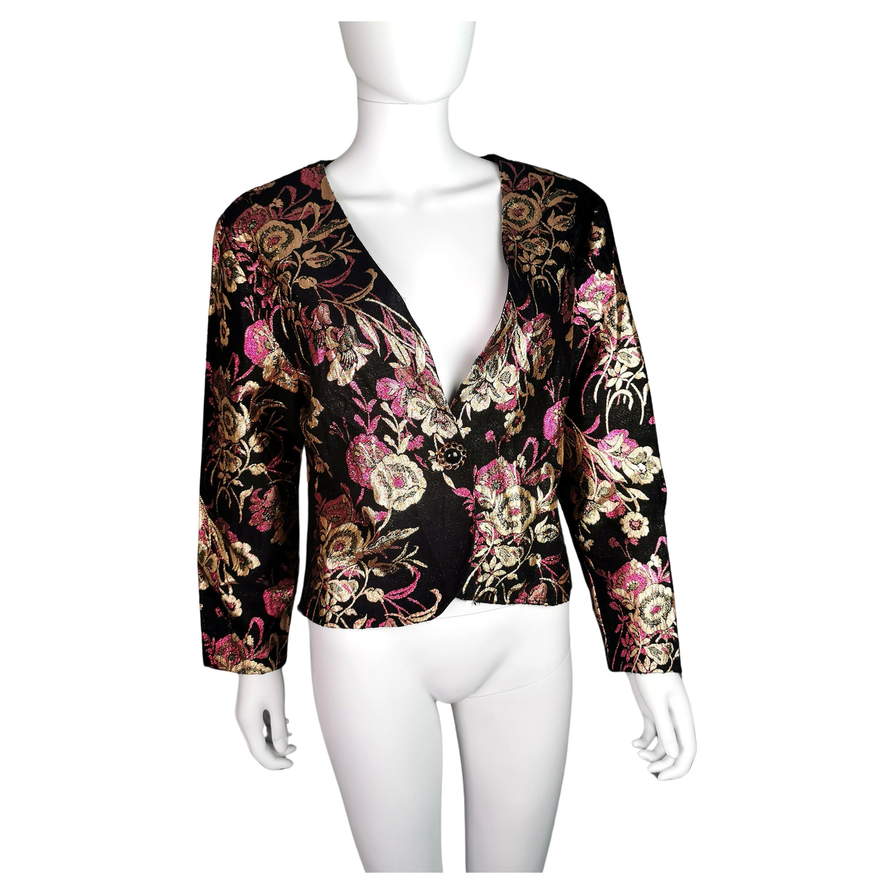 Vintage 1980s cropped Brocade jacket, blazer, gold, black, pink  For Sale