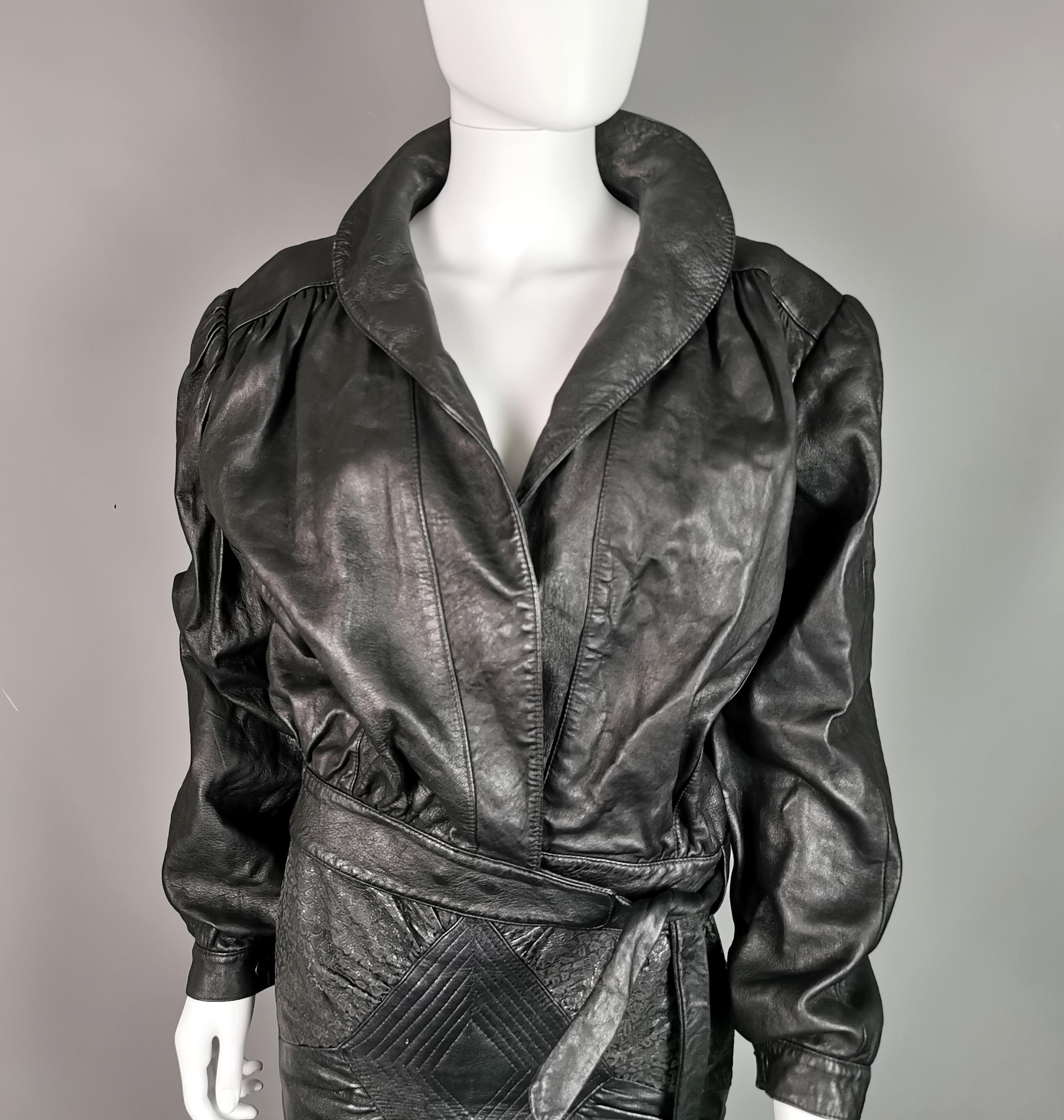 Black Vintage 1980s cropped Leather jacket, tie front  For Sale