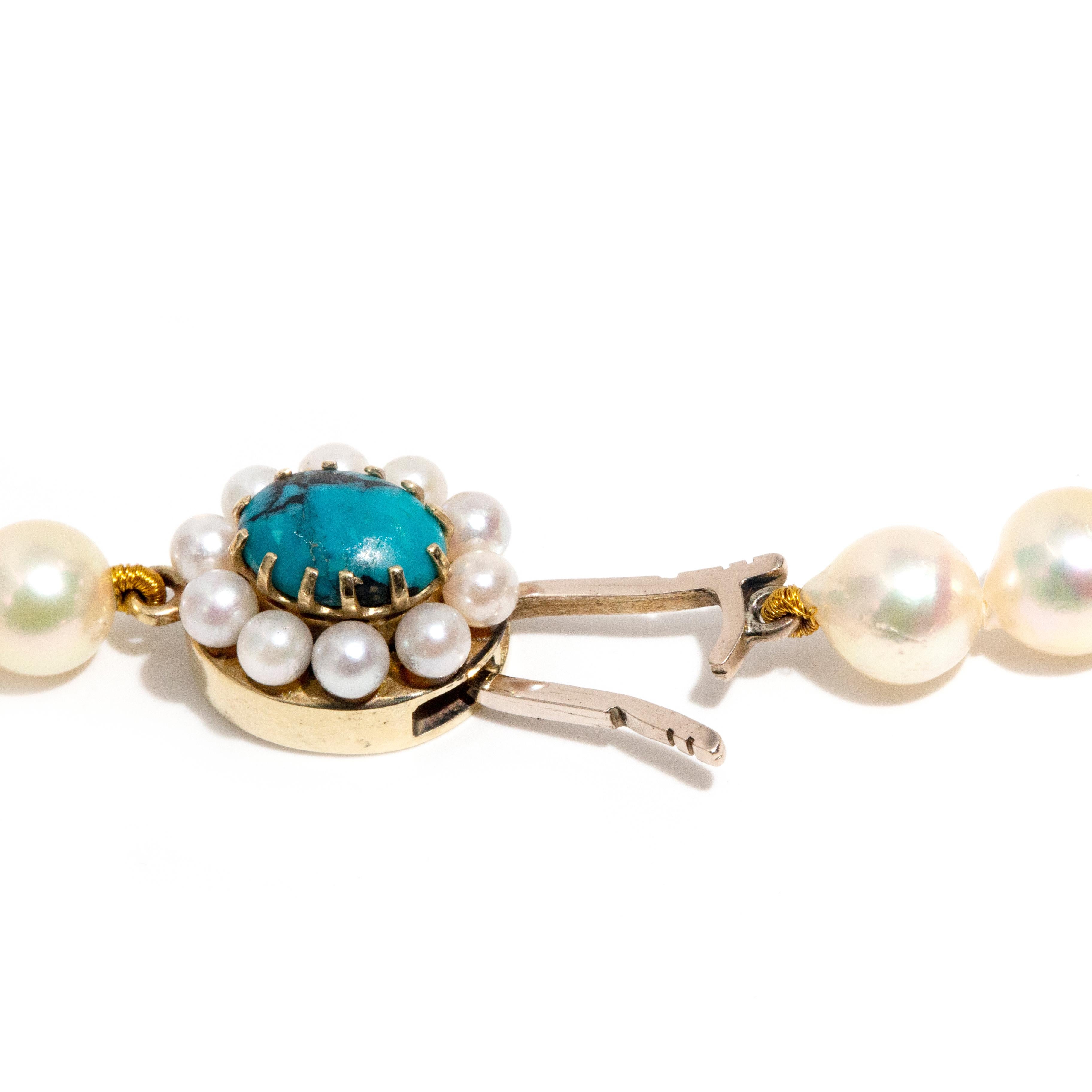 Women's Vintage 1980s Cultured Pearl Necklace & 9 Carat Gold Turquoise and Pearl Clasp