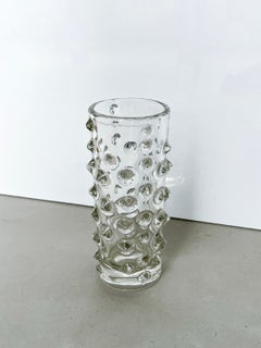 Vintage 1980s Cylindrical Clear Cast Glass Vase with Spikes on Surface