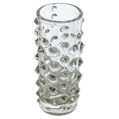 Vintage 1980s Cylindrical Clear Cast Glass Vase with Spikes on Surface