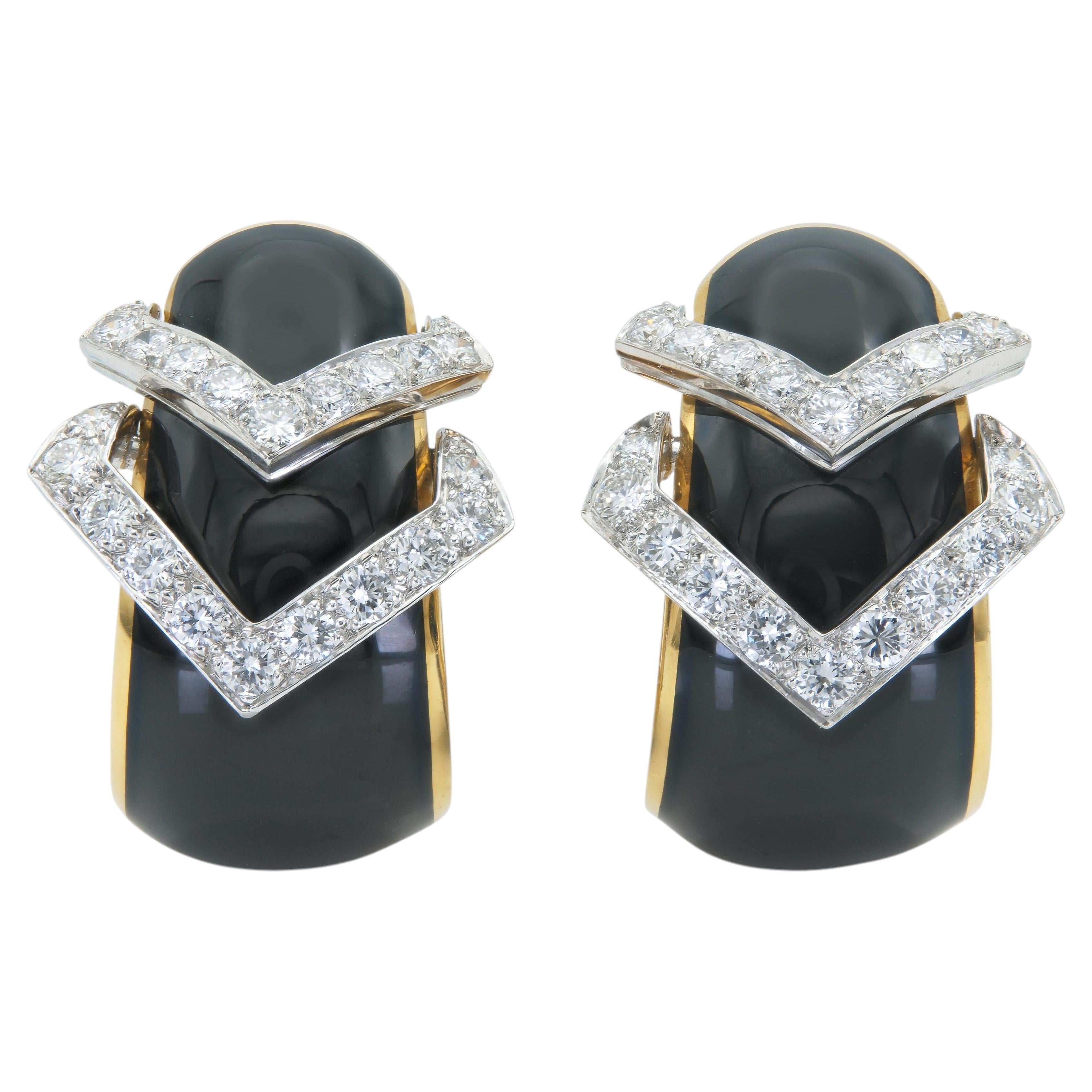 Pre-owned David Webb Vintage 1980s  Black Enamel And Diamond Earrings