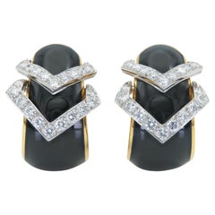 Vintage 1980s David Webb Black Enamel and Diamond Earrings