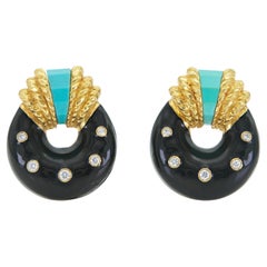 Vintage 1980s David Webb Black Enamel Earrings with Turquoise and Diamonds