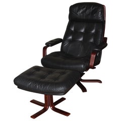 Vintage 1980s Designer Danish Leather and Rosewood Swivel Chair and Footstool