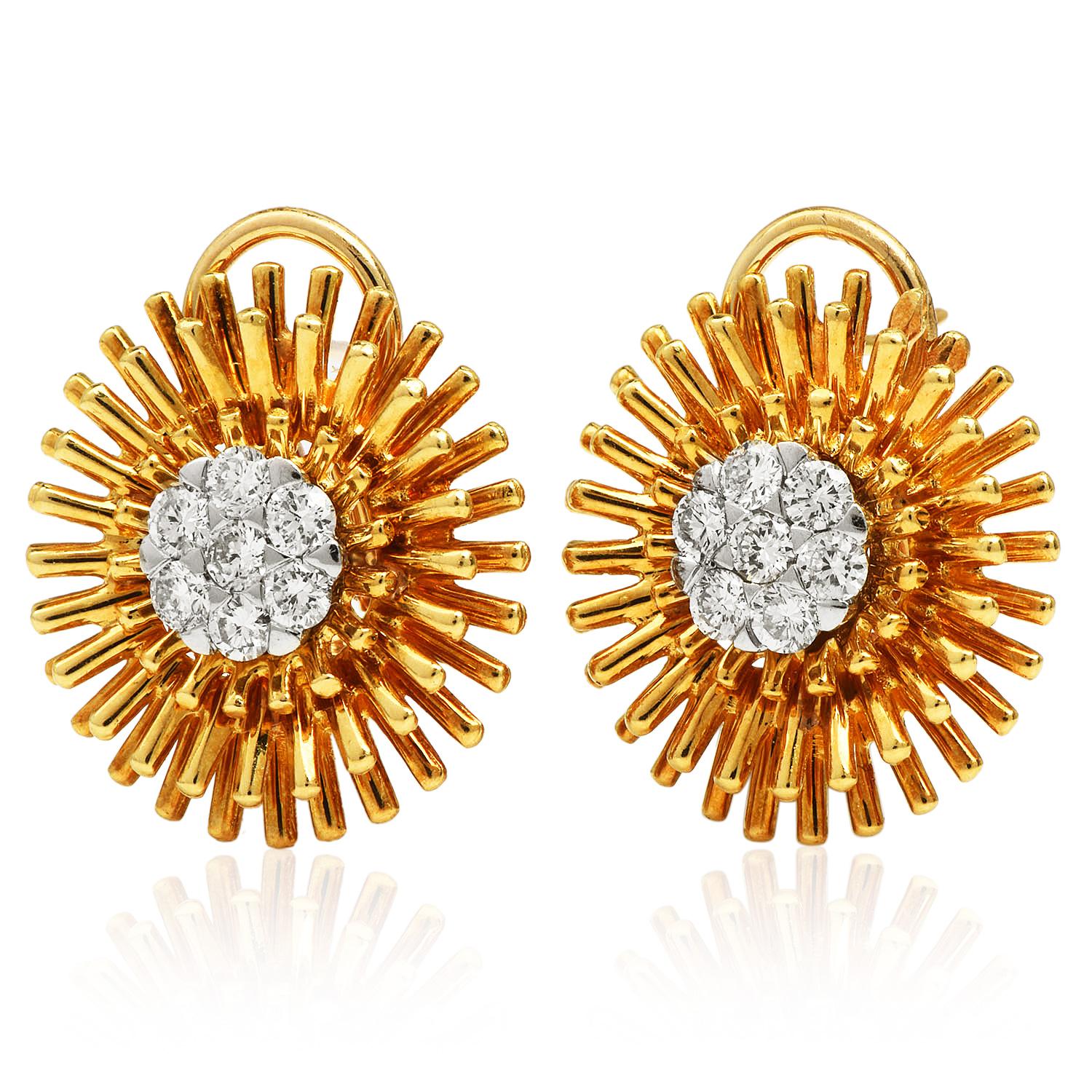  These Stylish 18K Yellow Gold Pave Diamond Earrings were

 inspired by sun. 

These Bright hot yellow sun diamond Pave sets mounted in yellow gold adorn the center of the earrings.  They weigh appx. 0.85 carats in total, the diamonds are G-H color