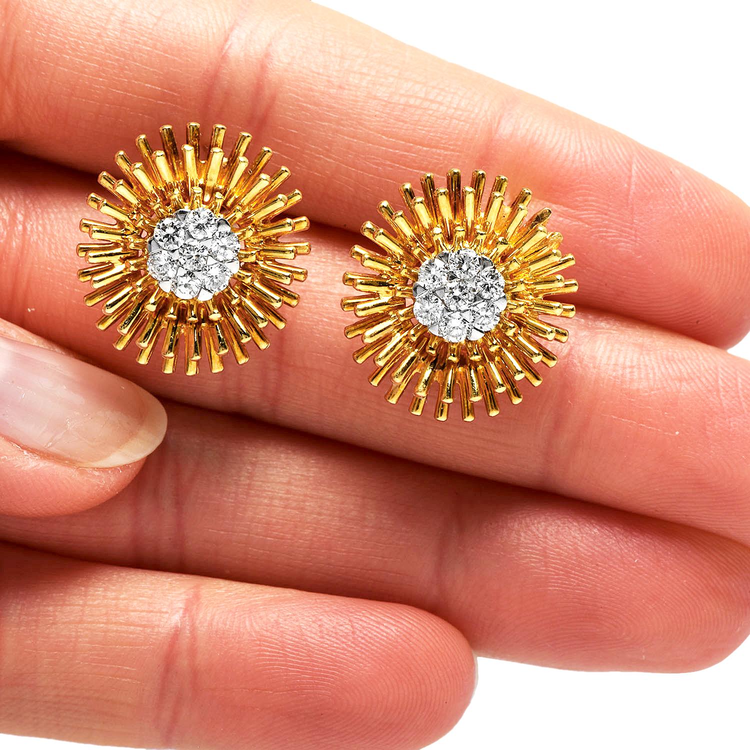 Artisan Vintage 1980s Diamond Sun Clip-On 18k Gold Stud Earrings