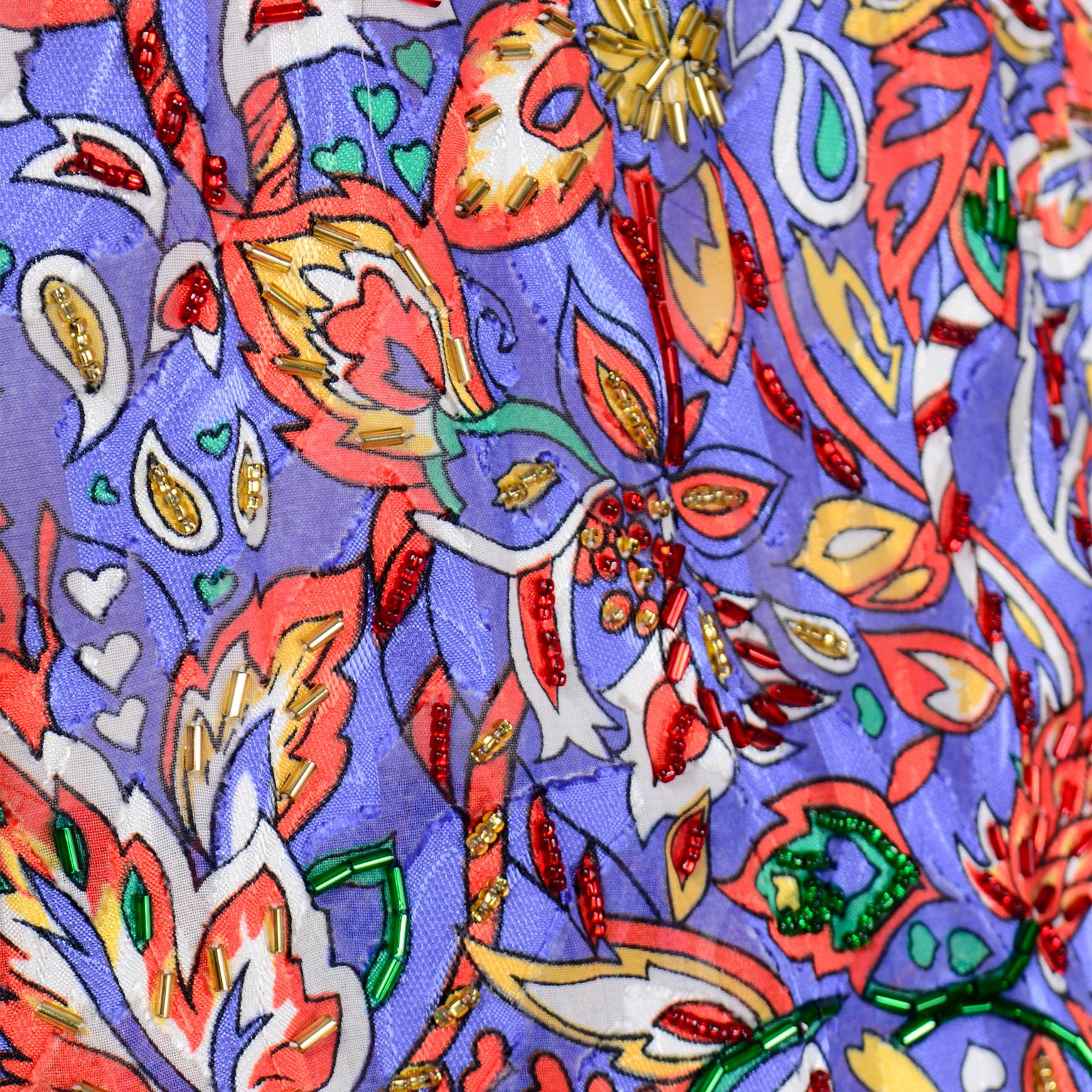 Vintage 1980s Diane Freis Colorful Mixed Pattern Print Beaded Dress W Sash 3