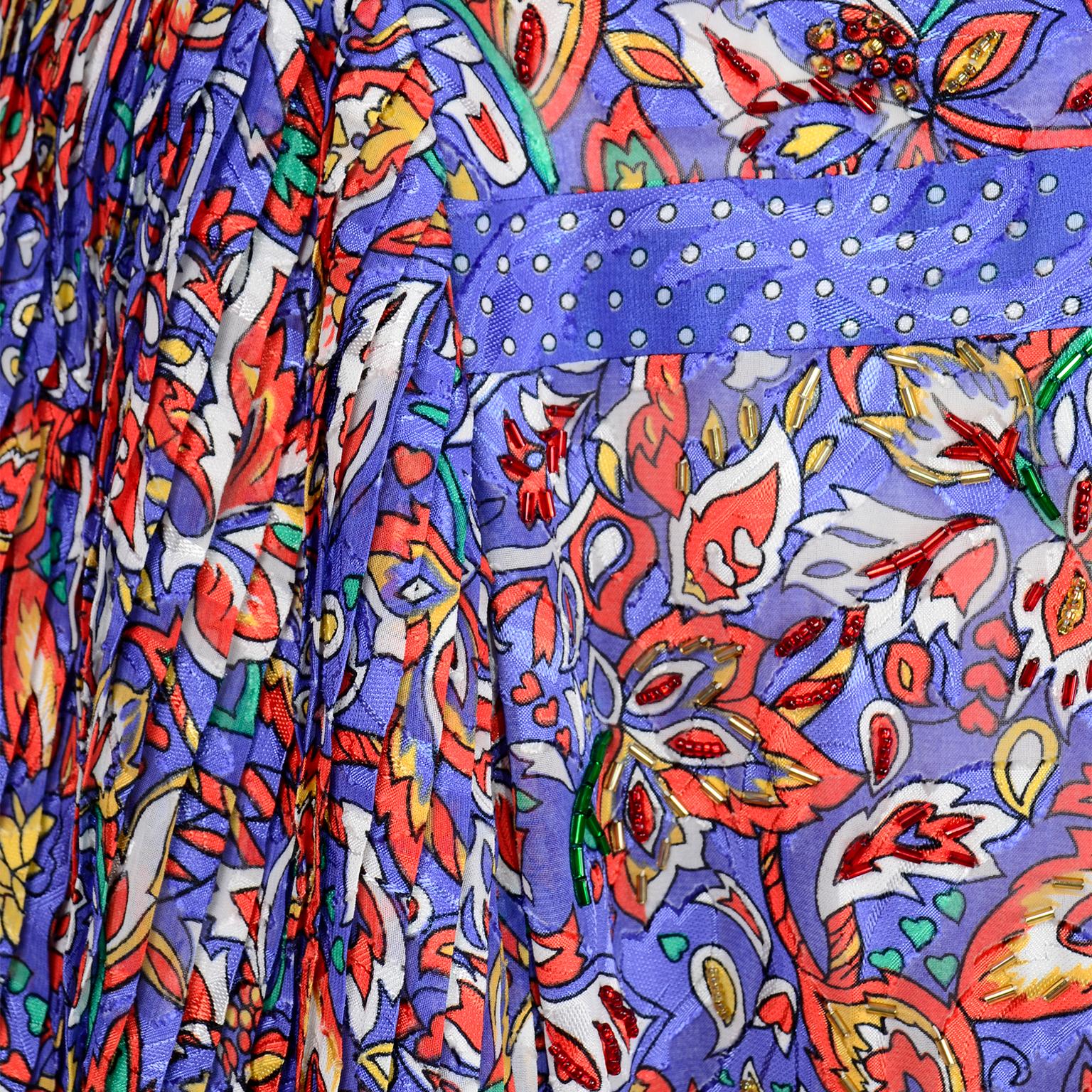 Vintage 1980s Diane Freis Colorful Mixed Pattern Print Beaded Dress W Sash 4