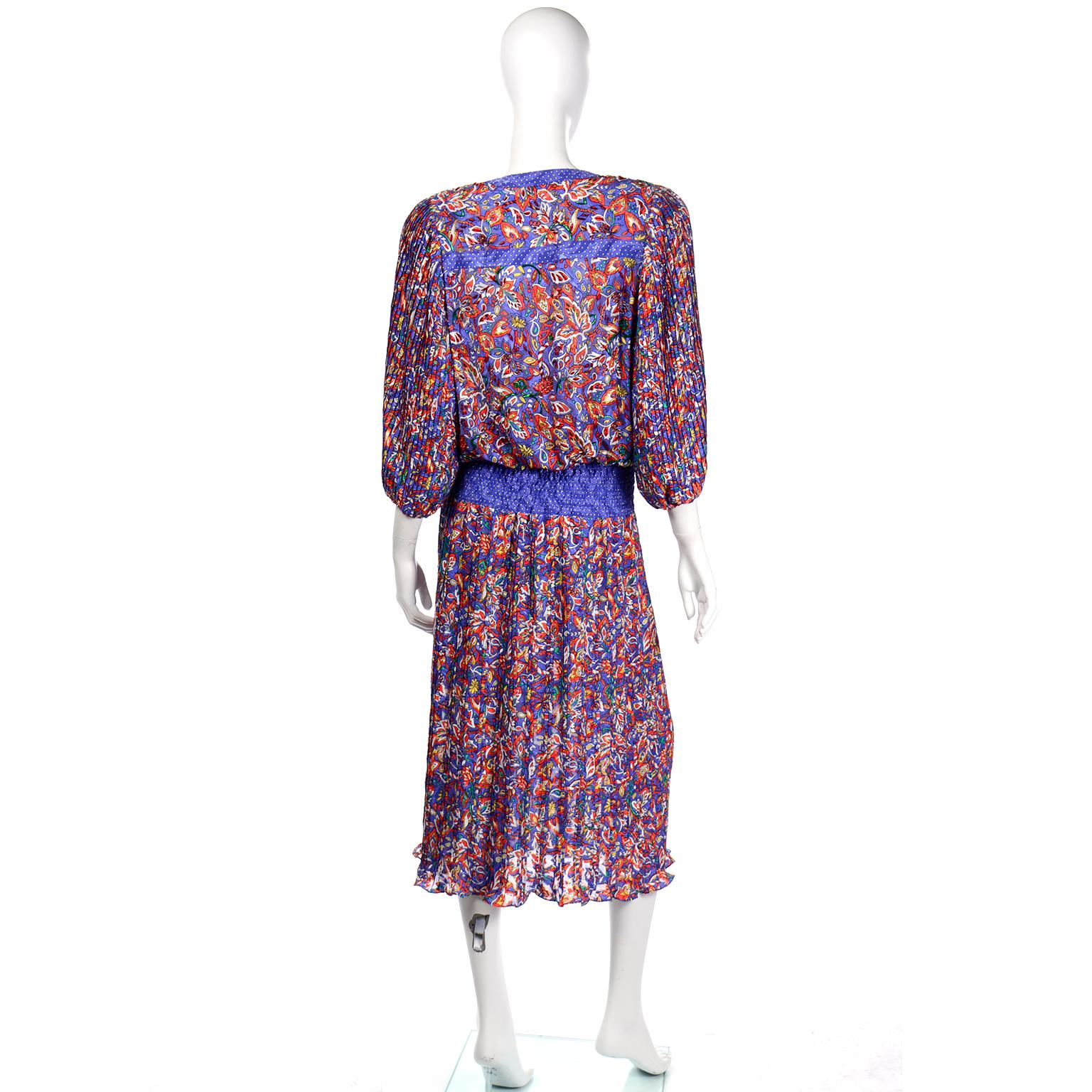 Gray Vintage 1980s Diane Freis Colorful Mixed Pattern Print Beaded Dress W Sash