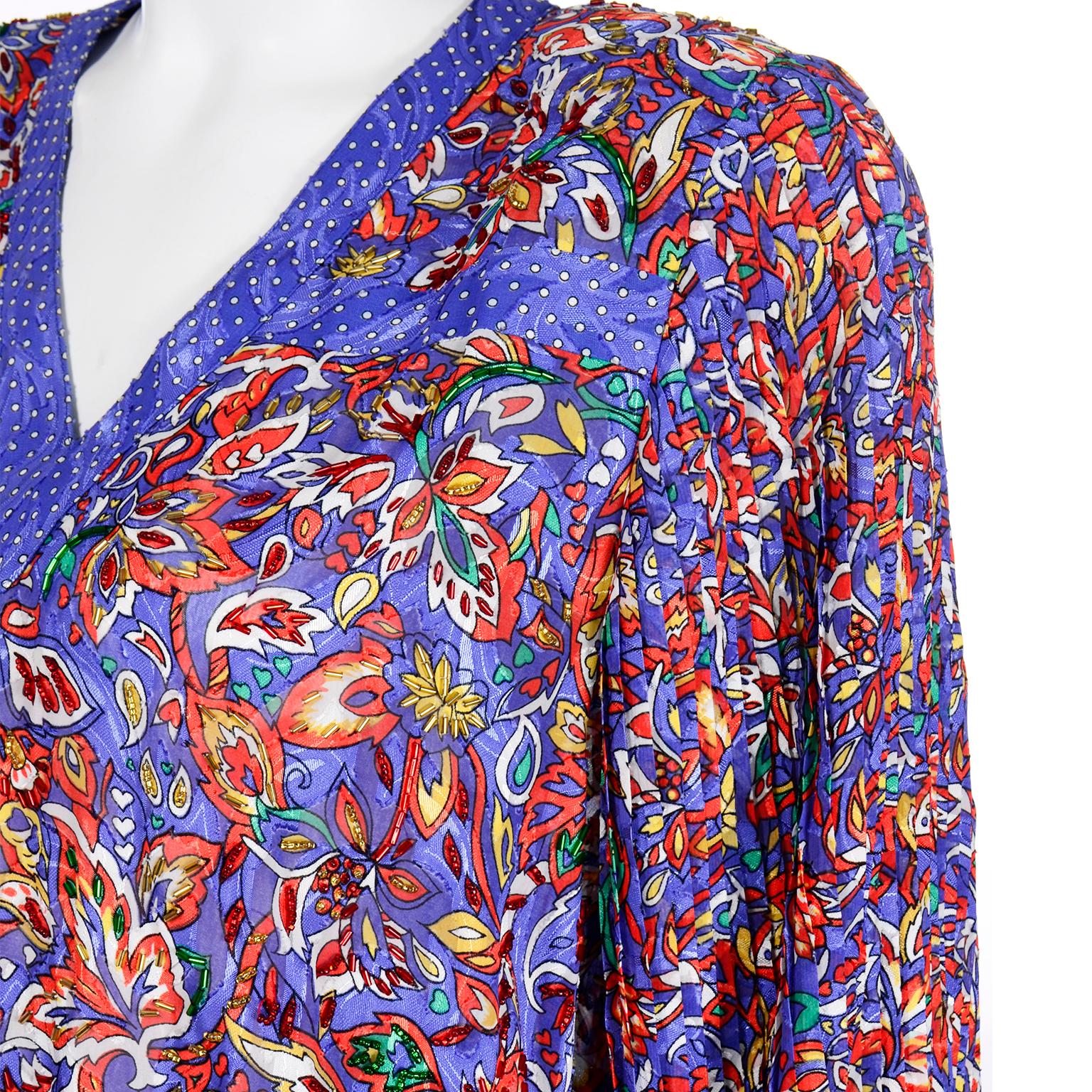 Women's Vintage 1980s Diane Freis Colorful Mixed Pattern Print Beaded Dress W Sash