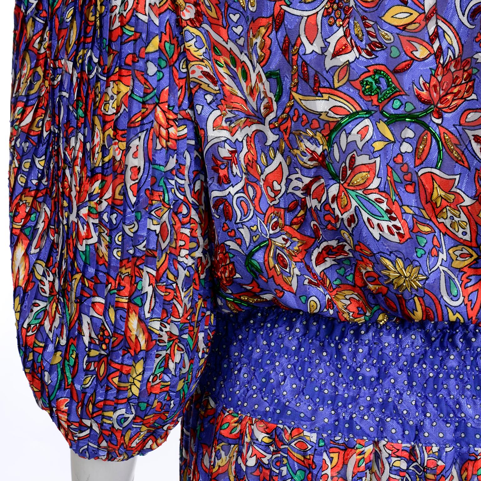 Vintage 1980s Diane Freis Colorful Mixed Pattern Print Beaded Dress W Sash 2